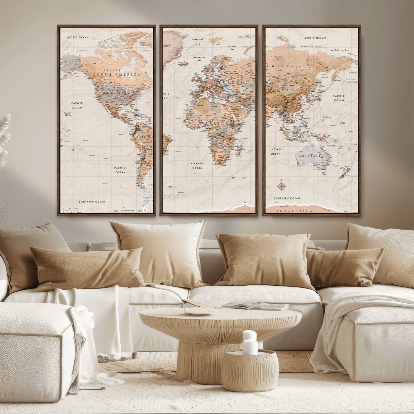Detailed vintage world map with warm earth tones showing country borders, oceans, continents, and major cities, styled with a textured parchment background.
