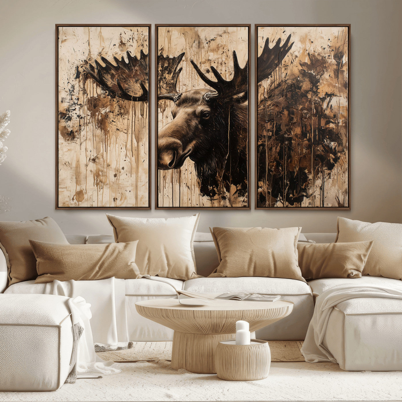 Artistic painting of a moose head with large antlers in shades of brown and black, with paint splatters and drips on a beige textured background, creating a rustic and expressive wall art canvas.