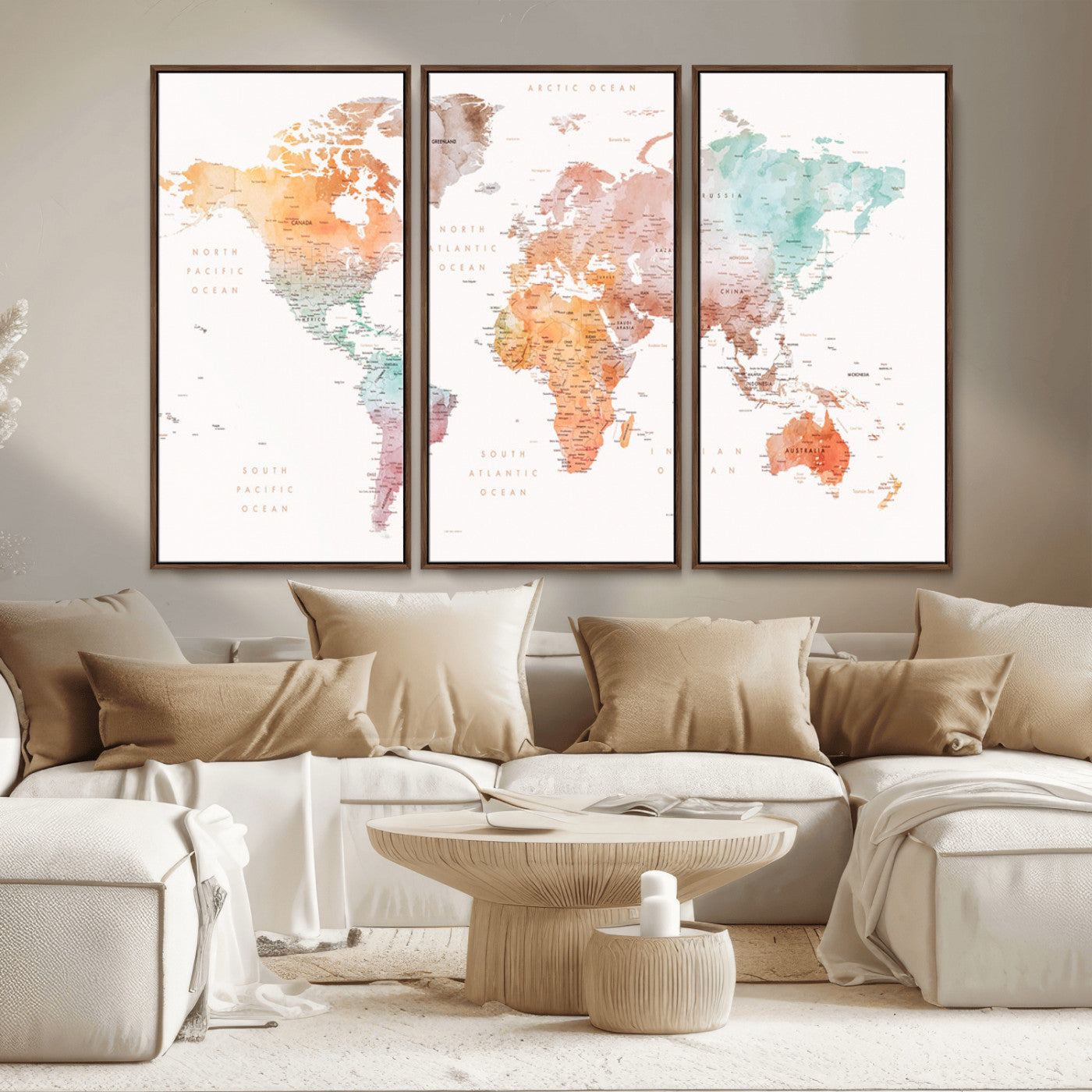 Watercolor world map featuring soft pastel hues in orange, green, blue, and purple on a light background, printed on canvas for vibrant and artistic wall decor.