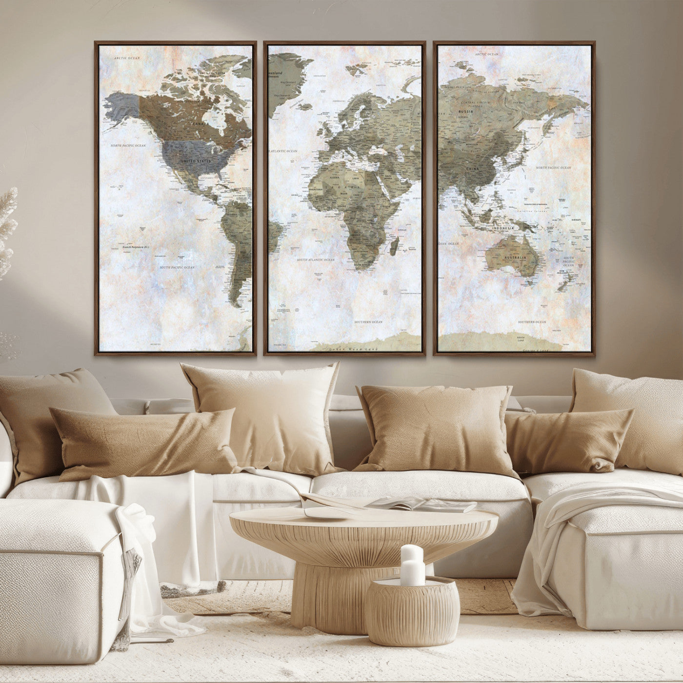 World map printed on a textured canvas with soft muted earth tones and a weathered background, showing detailed countries and continents, perfect for vintage-style wall art.