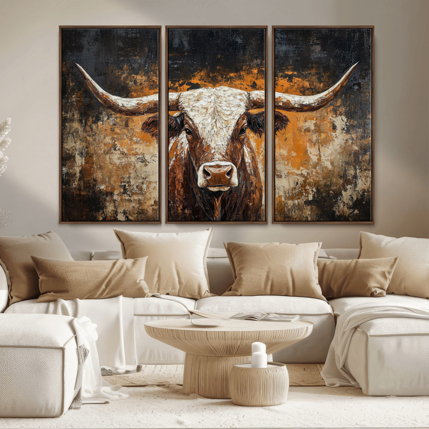 MGV-FC-48X32-3P - Rustic Longhorn Bull Wall Art Canvas Print – Vintage Western Cattle Painting, Texas Steer Artwork
