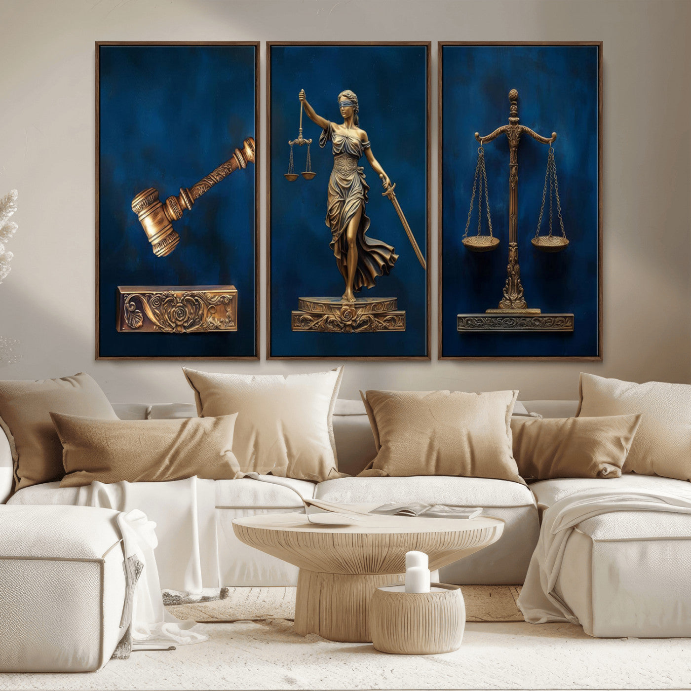 MGV-FC-48X32-3P - Lady Justice Wall Art Canvas Print – Elegant Gold Legal Symbols on Blue Background, Perfect for Law