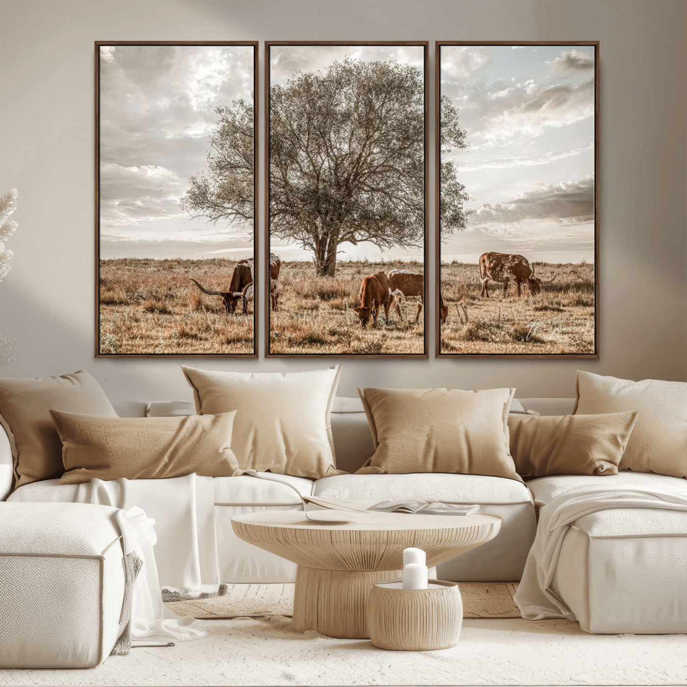 Texas Longhorn Cattle Wall Art Canvas Print – Rustic Western Ranch Scene with Steers at Sunset, Perfect for Farmhouse or Cowboy Decor
