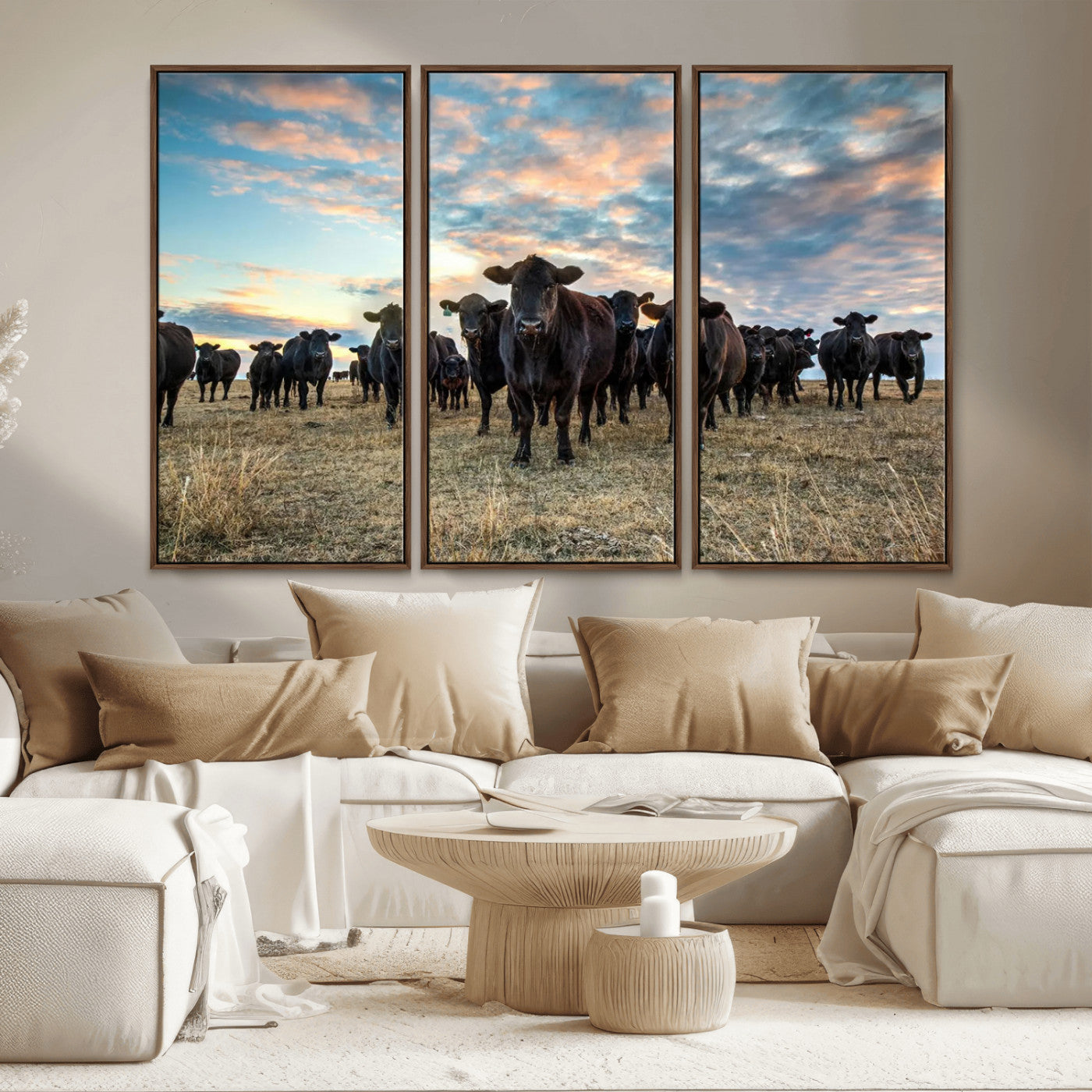 13867292-MGV-CV-36X24-Texas Longhorn Cattle Wall Art Canvas Print – Rustic Western Ranch Scene with Steers at Sunset, Perfect for Farmhouse or Cowboy Decor