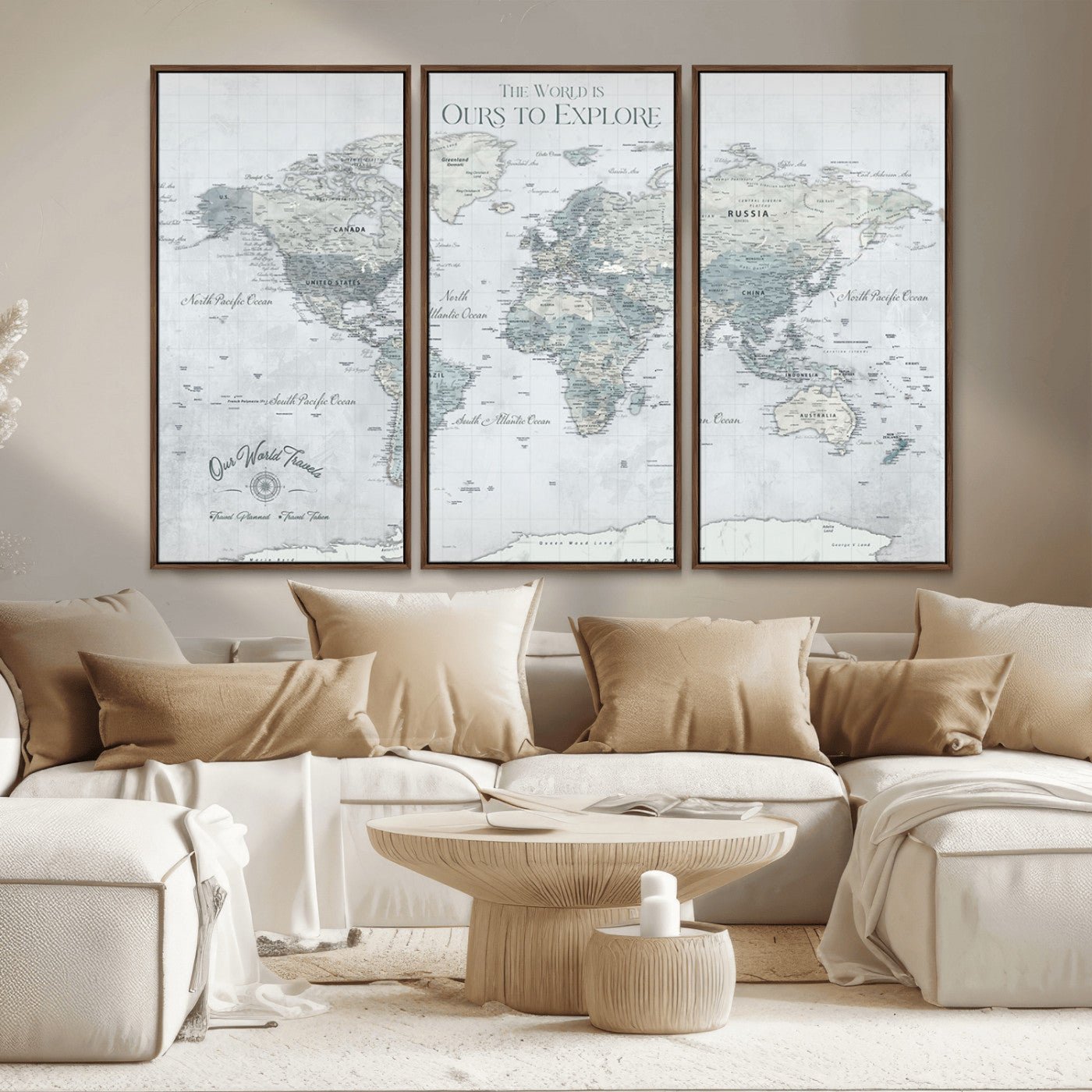 73654056-MGV-FC-48X32-3P - Personalized Push Pin World Map Canvas Print – Custom Framed Travel Tracker Artwork for Couples or Home Decor