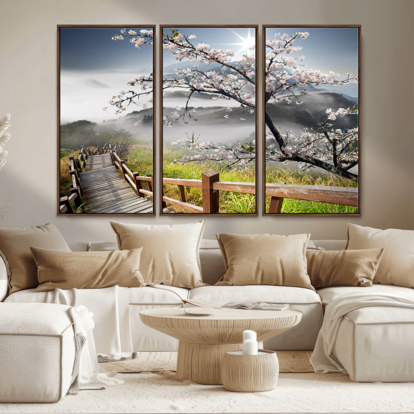 MGV-FC-48X32-3P - Sakura Cherry Blossom Pathway Canvas Wall Art – Tranquil Walk Through Blossoming Nature – Ready to