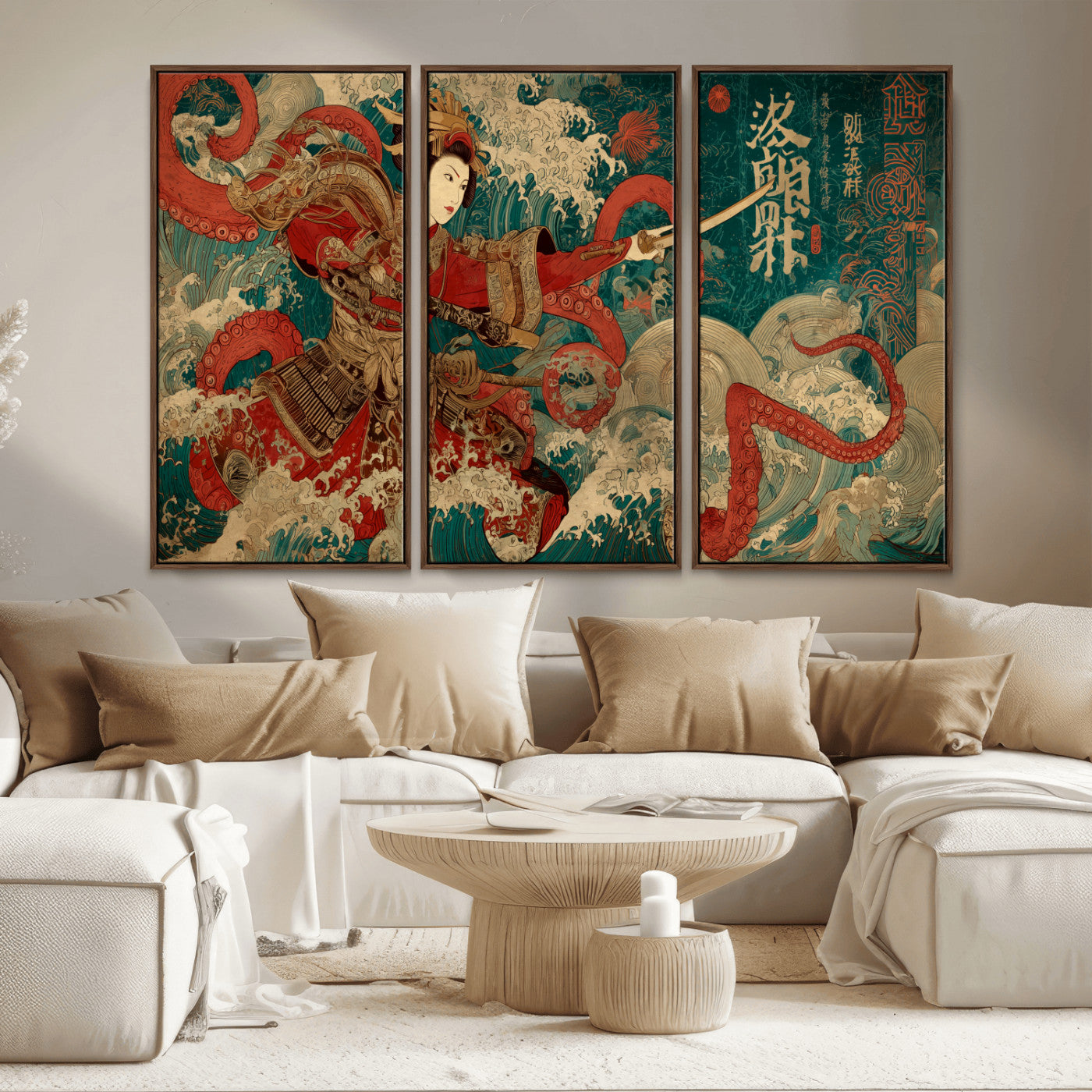 MGV-FC-48X32-3P - Tsukioka Yoshitoshi Samurai Wall Art Print, Japanese Katana Warrior Canvas Wall Art, Octopus Sea Monster Canvas Print,