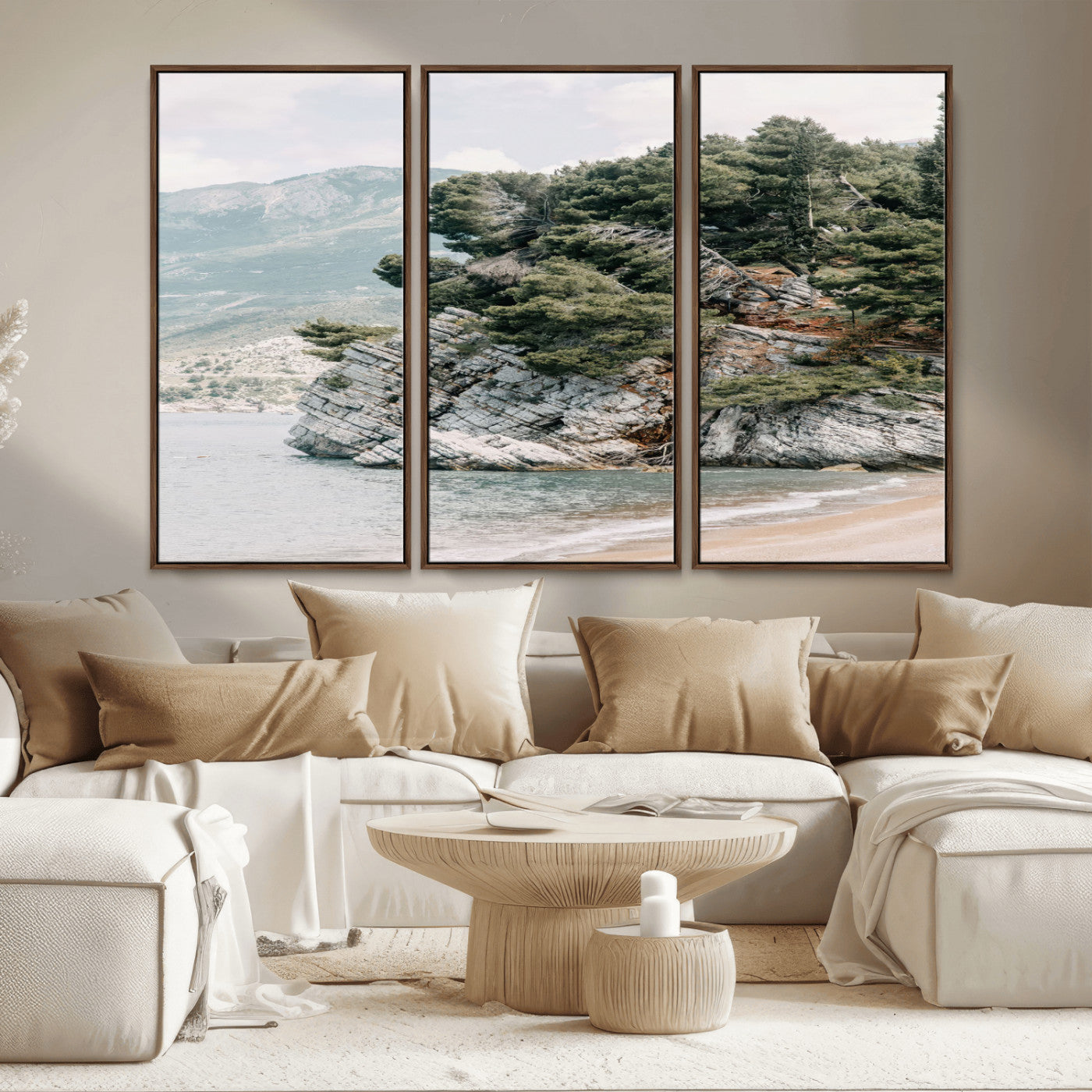 MGV-FC-48X32-3P - Coastal Rock Canvas Wall Art Print, Scenic Beach Landscape, Pine Trees on Rocky Cliff, Large Nature