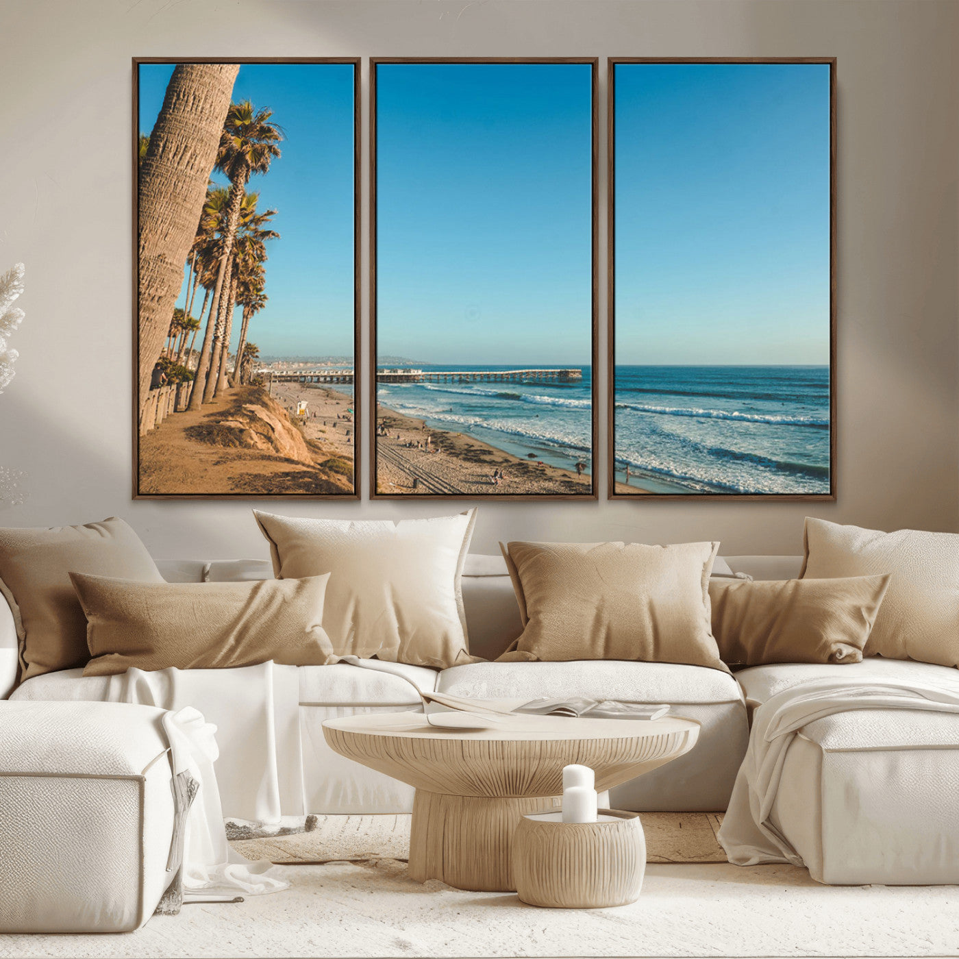 MGV-FC-48X32-3P - Scenic Beach with Tall Palm Trees, Sandy Shore, and Long Pier Stretching into the Calm Ocean Under