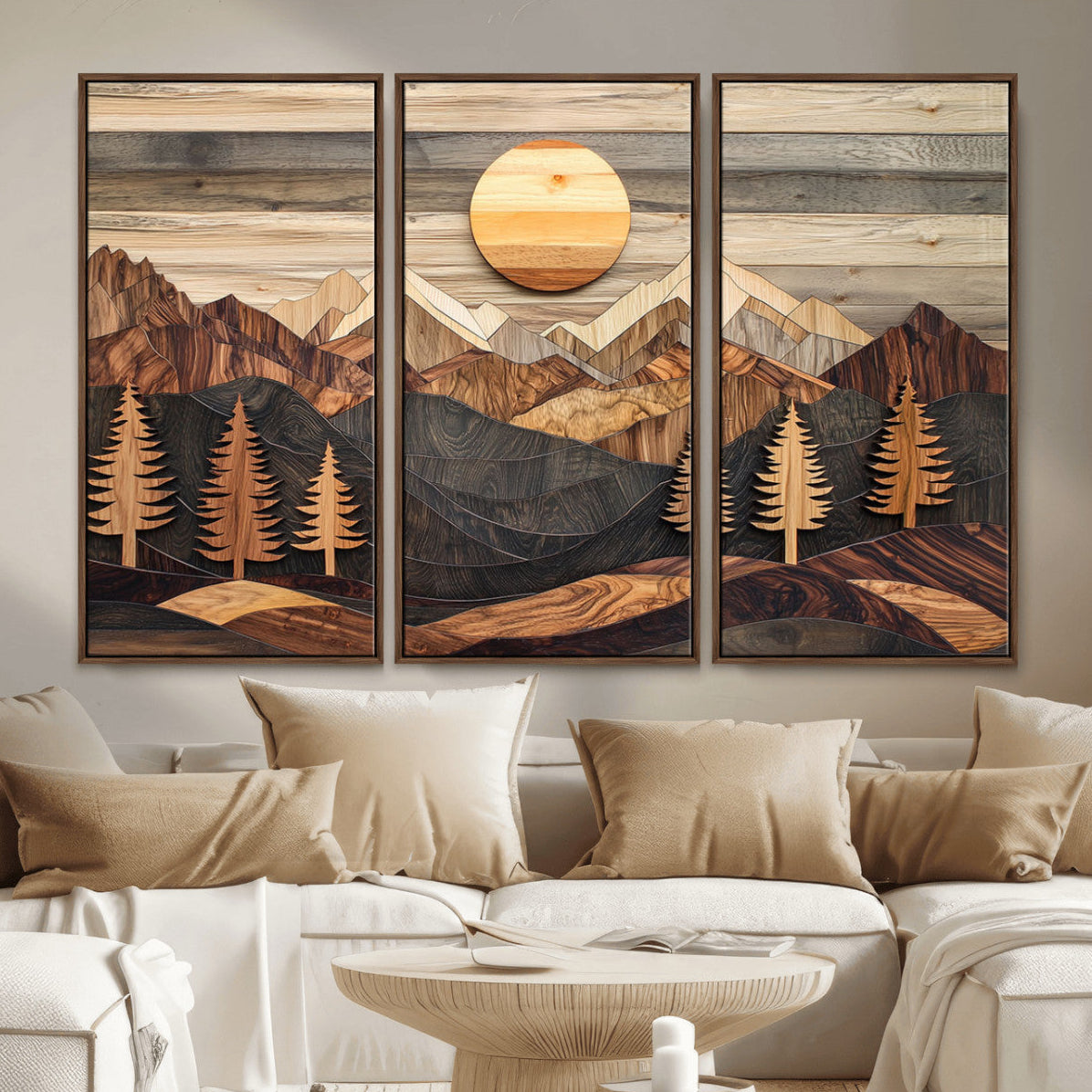 19832326-MGV-CV-36X24 - Wooden Mountain Layers Canvas Wall Art – Rustic Pine Tree Landscape with Sunlight Artistic Nature