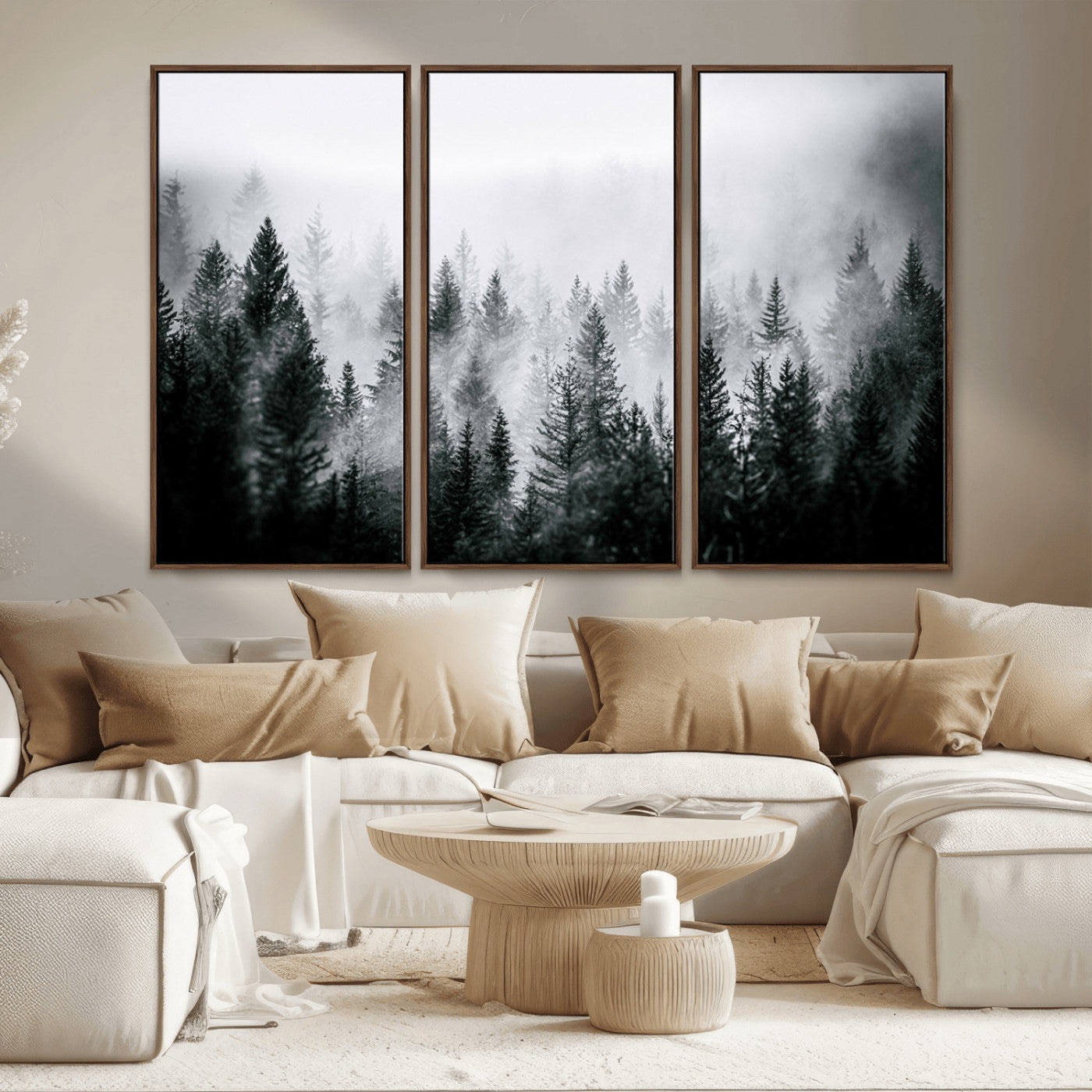 MGV-FC-48X32-3P - Foggy Pine Forest Canvas Wall Art – Black and White Nature Landscape Print, Horizontal Canvas for