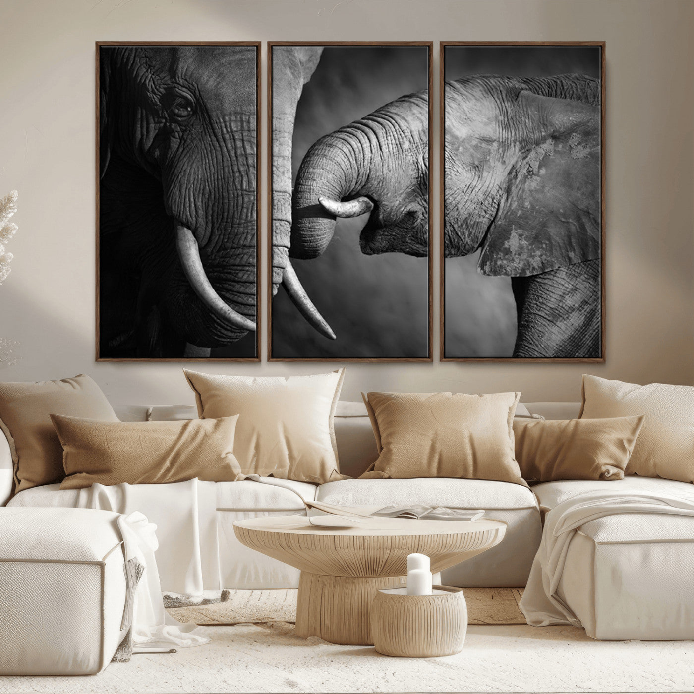 MGV-FC-48X32-3P - Elephant Family Wall Art Canvas, Framed Elephant Family Canvas Print