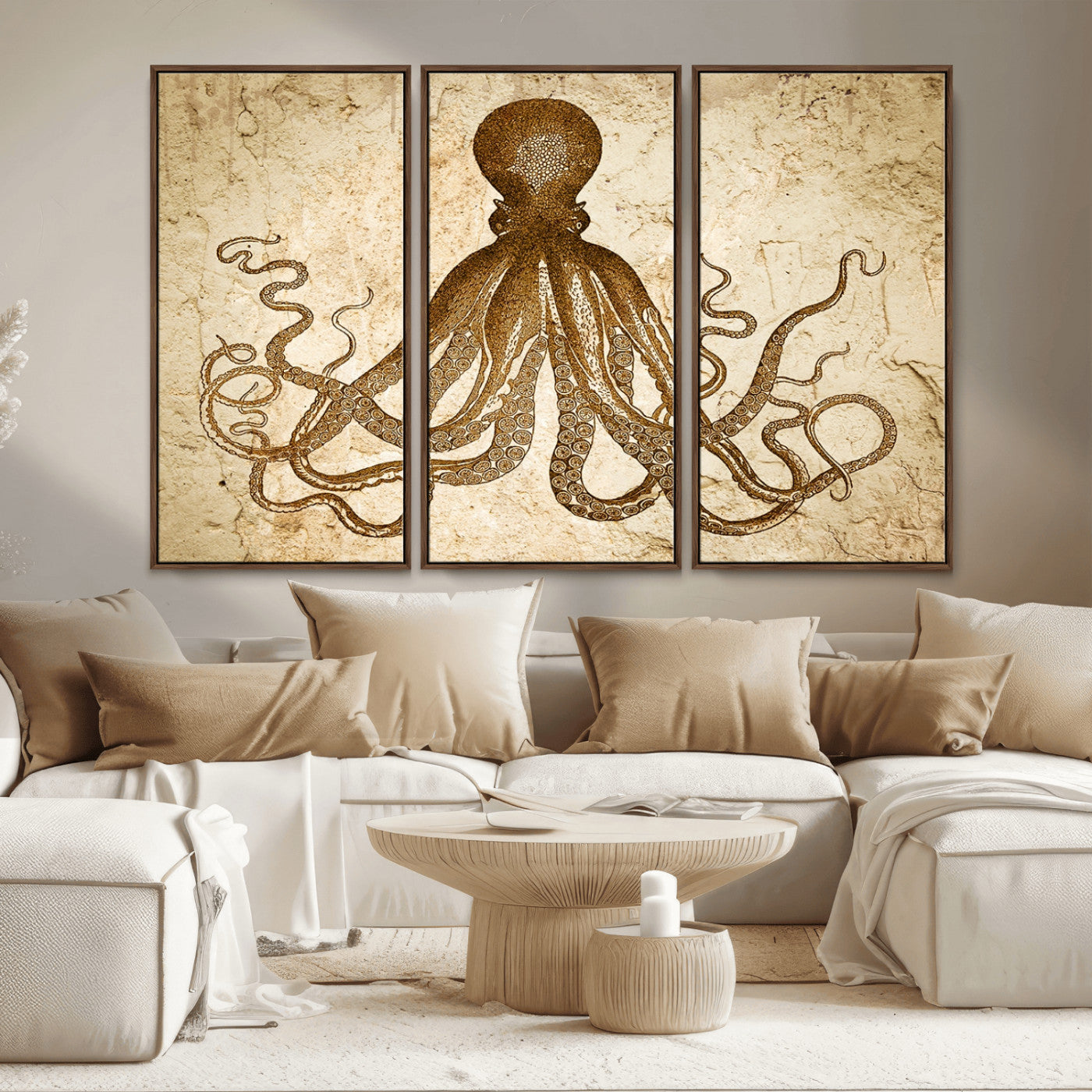 MGV-FC-48X32-3P - Sepia Octopus Wall Art Abstract Animal Canvas Print