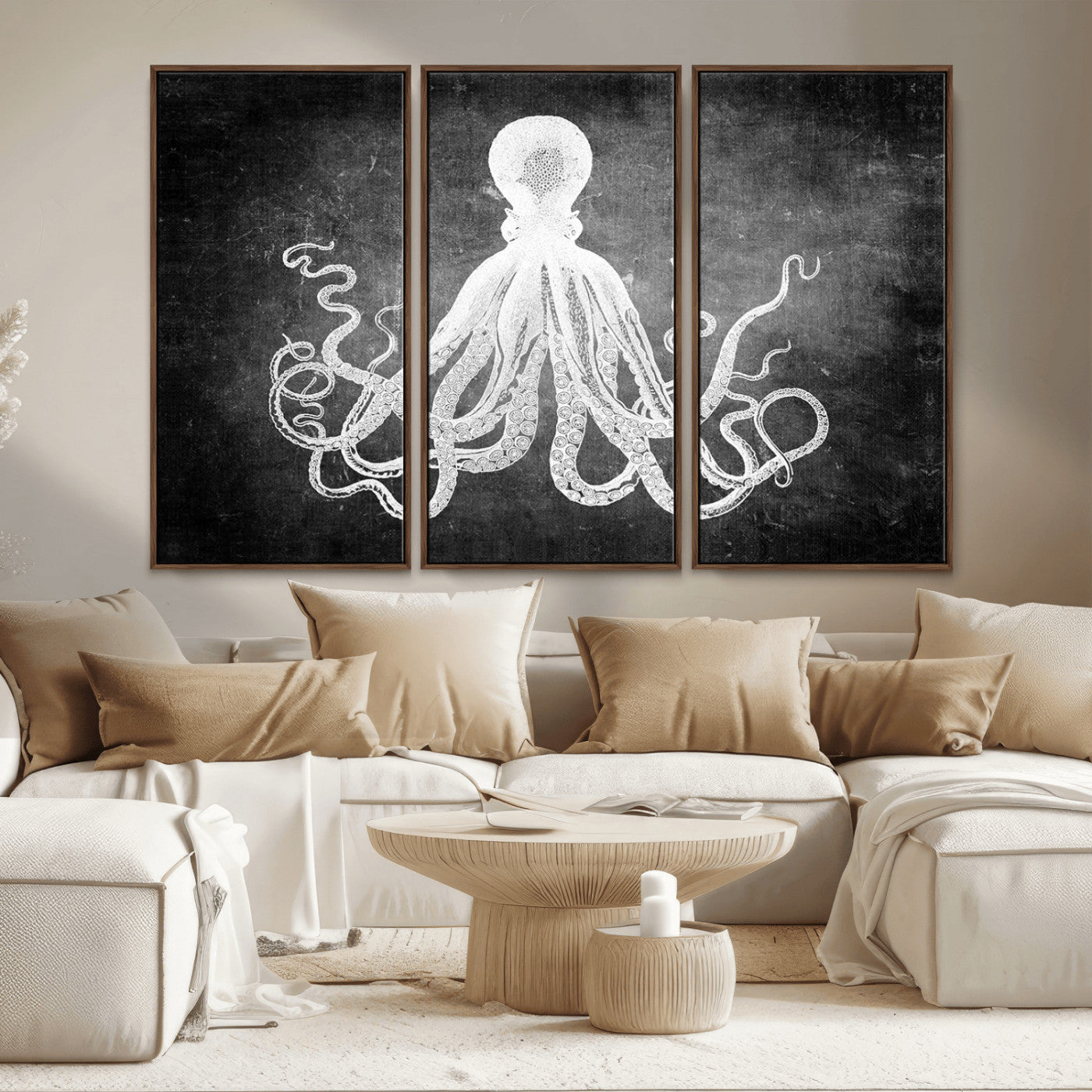 MGV-FC-48X32-3P - Black White Octopus Wall Art Canvas Print