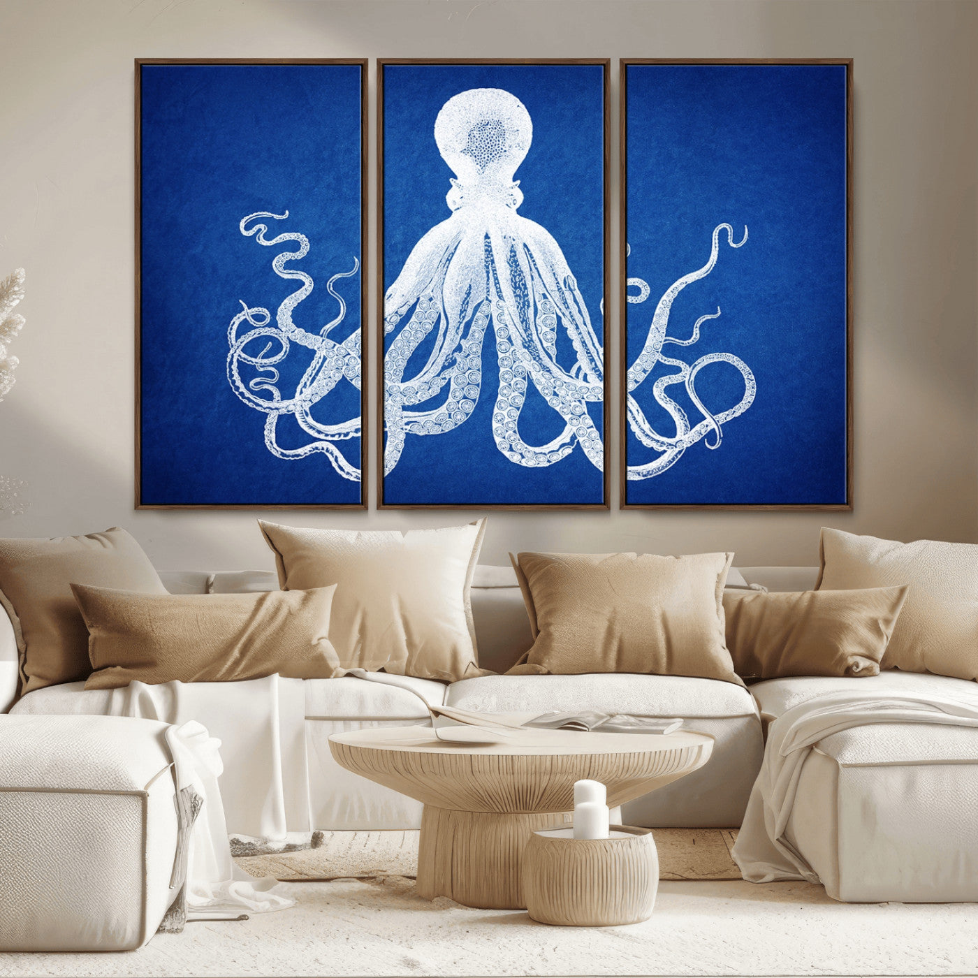 MGV-FC-48X32-3P - Large 3-Panel Blue Octopus Canvas Wall Art | Coastal Marine Life Artwork for Living Room, Bedroom,