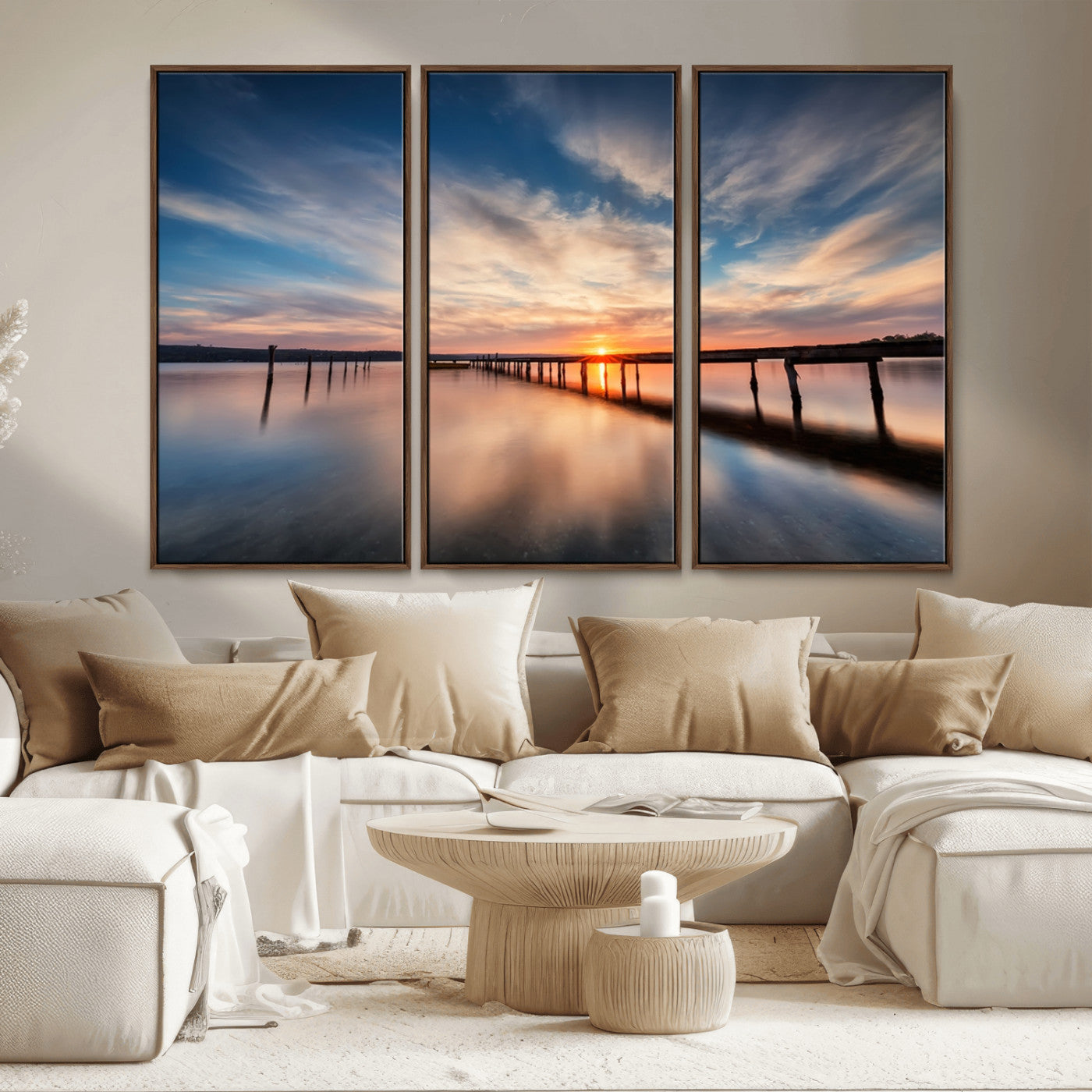 MGV-FC-48X32-3P - Wooden Pier on Seascape and Sunset Wall Art Canvas Print