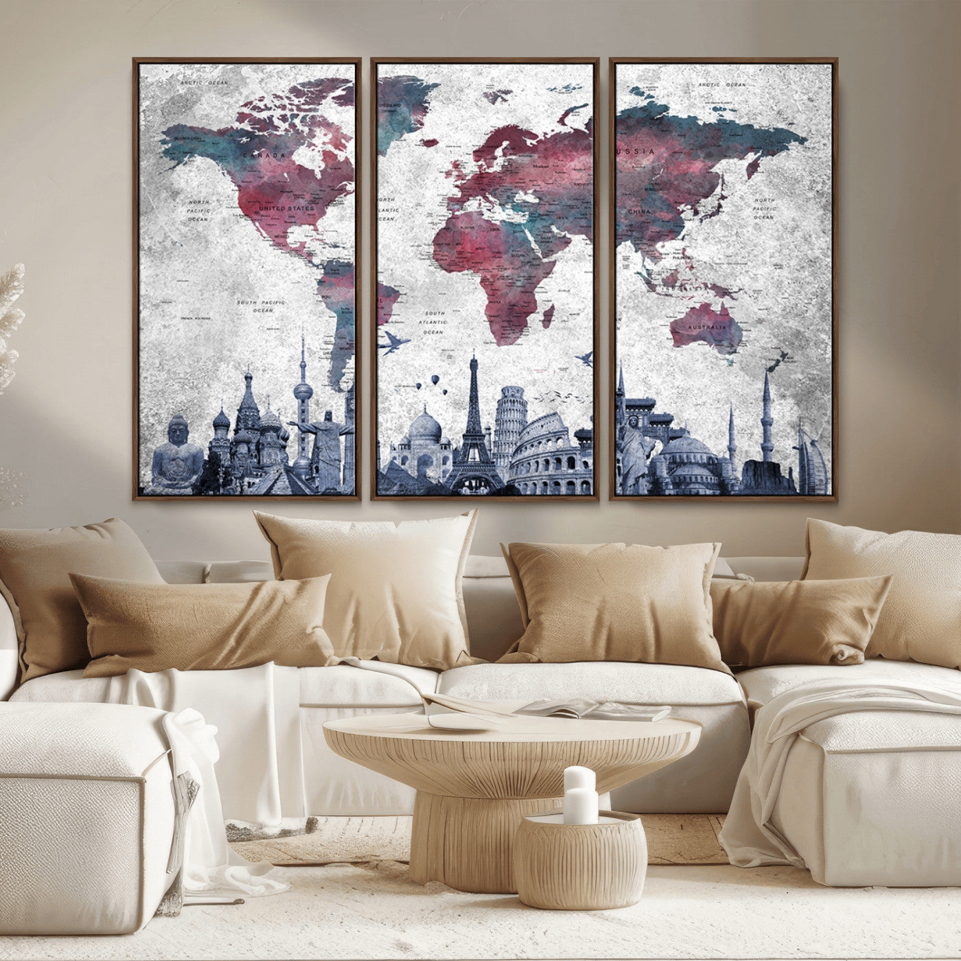 MGV-FC-48X32-3P - Push Pin World Map Canvas Print – Framed Wall Art for Couples to Track Their Travels – Anniversary