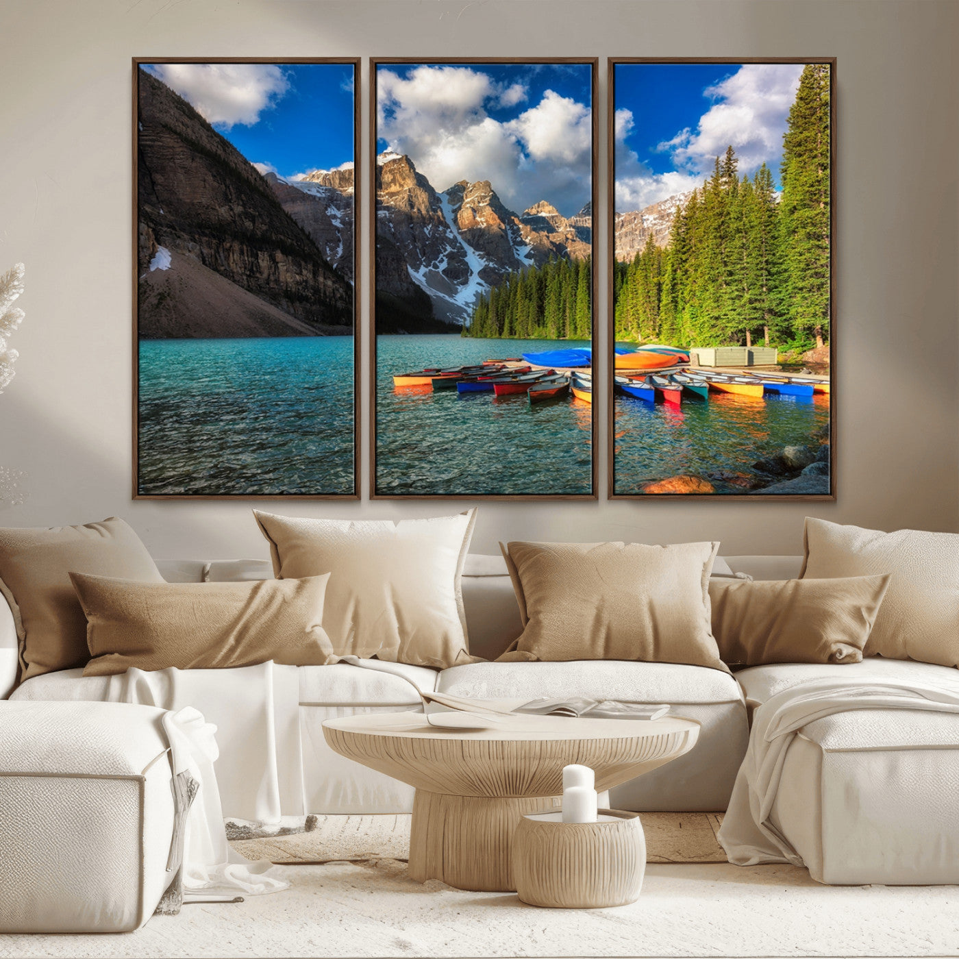 MGV-FC-48X32-3P - Moraine Lake 3-Panel Wall Art, Majestic Mountain and Lake Landscape Canvas Print Canoes on Moraine