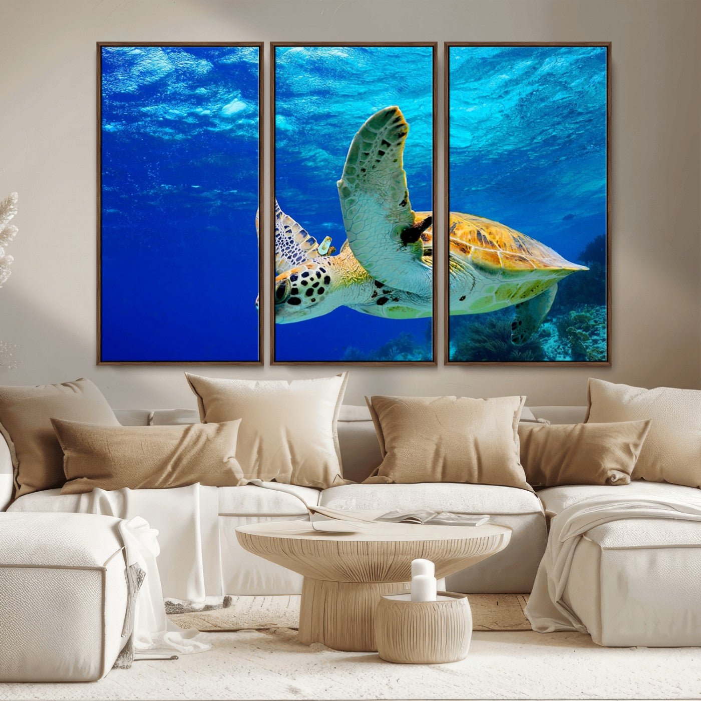 16292-MGV-FC-48X32-3P_Walnut-Sea Turtle Wall Art Canvas Print, Sea life in the Ocean Wall Art Printing