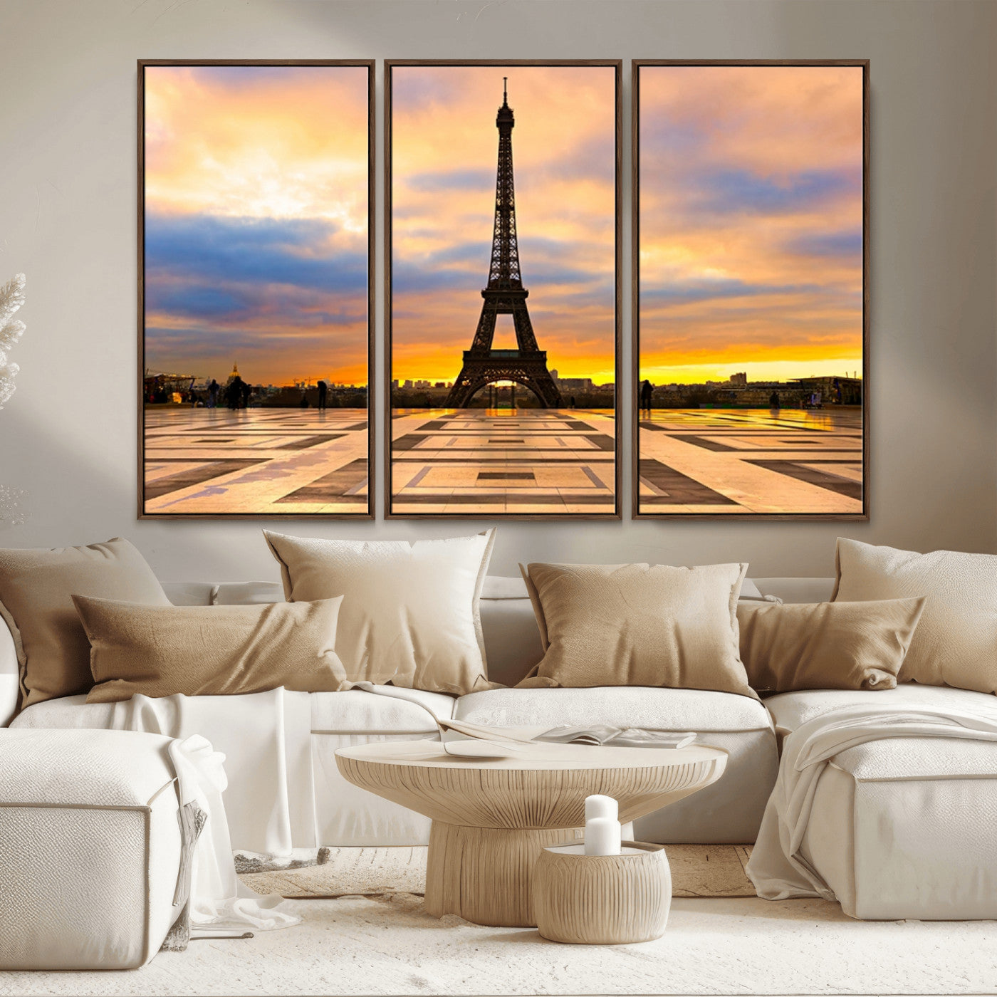 MGV-FC-48X32-3P - Paris Eiffel Tower Sunset Canvas Wall Art Print - Iconic Landmark Decor with Vibrant Colors