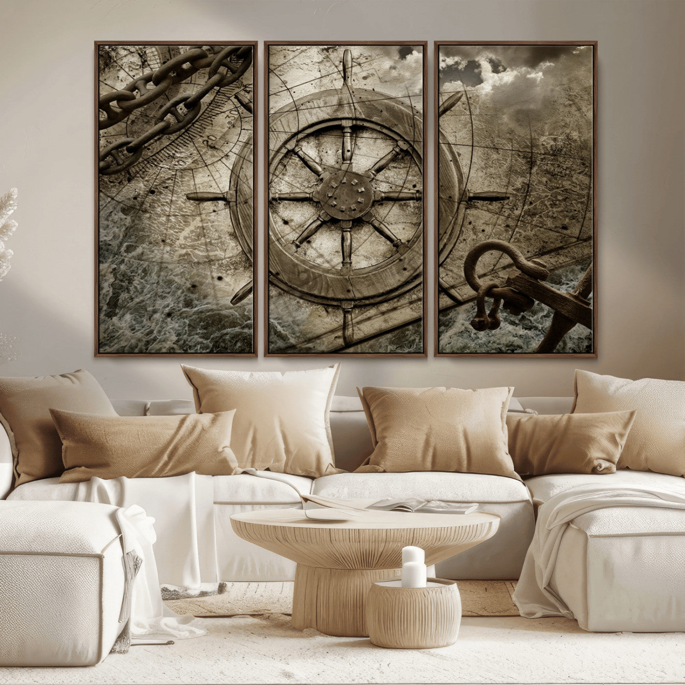 MGV-FC-48X32-3P - Wooden Ship Wheel Canvas Print, Multi Panel Canvas Wall Art Print