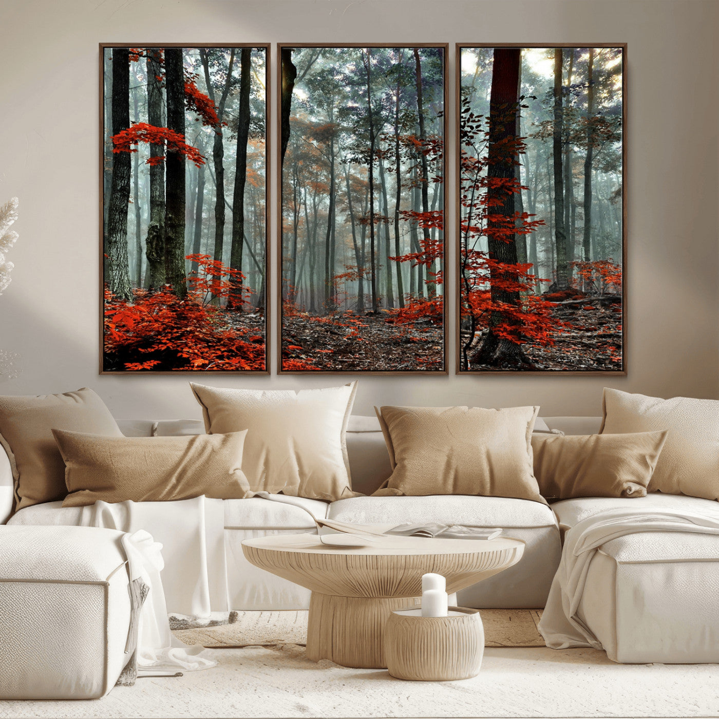MGV-FC-48X32-3P - Autumn Forest Canvas Wall Art – Enchanting Red Leaves Triptych Print – Nature-Inspired Decor for