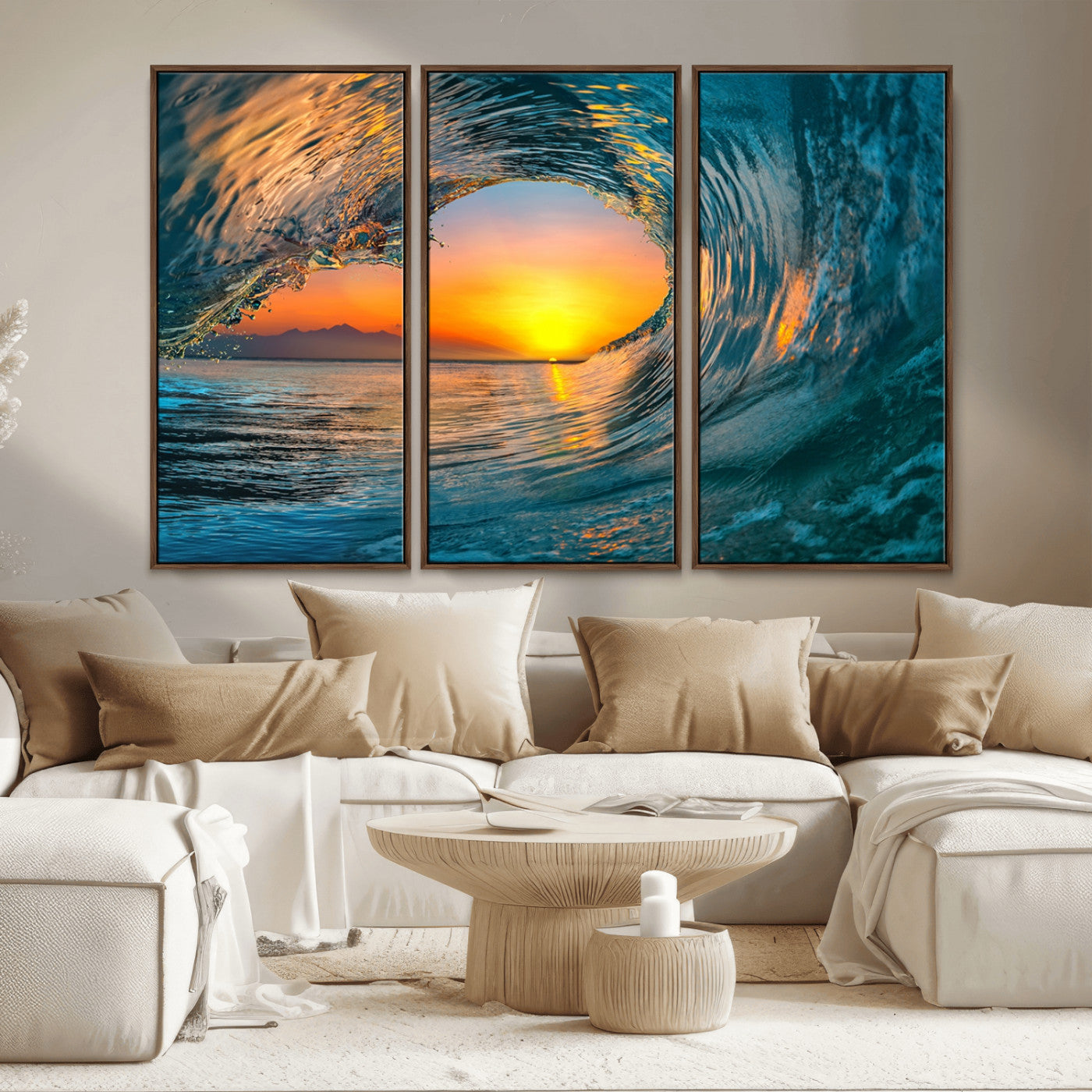 MGV-FC-48X32-3P - Ocean Wave Sunset Wall Art | Large Coastal Wave Canvas Print | 3-Panel Ocean Sunset Seascape for