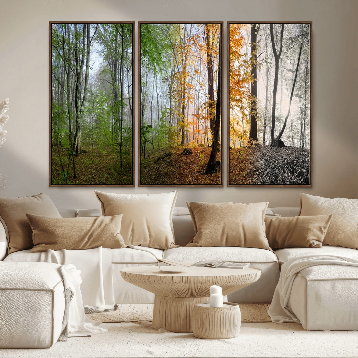 MGV-FC-48X32-3P - Four Seasons Wall Art Forest Canvas Print – Triptych Seasonal Nature Print – Landscape Decor for