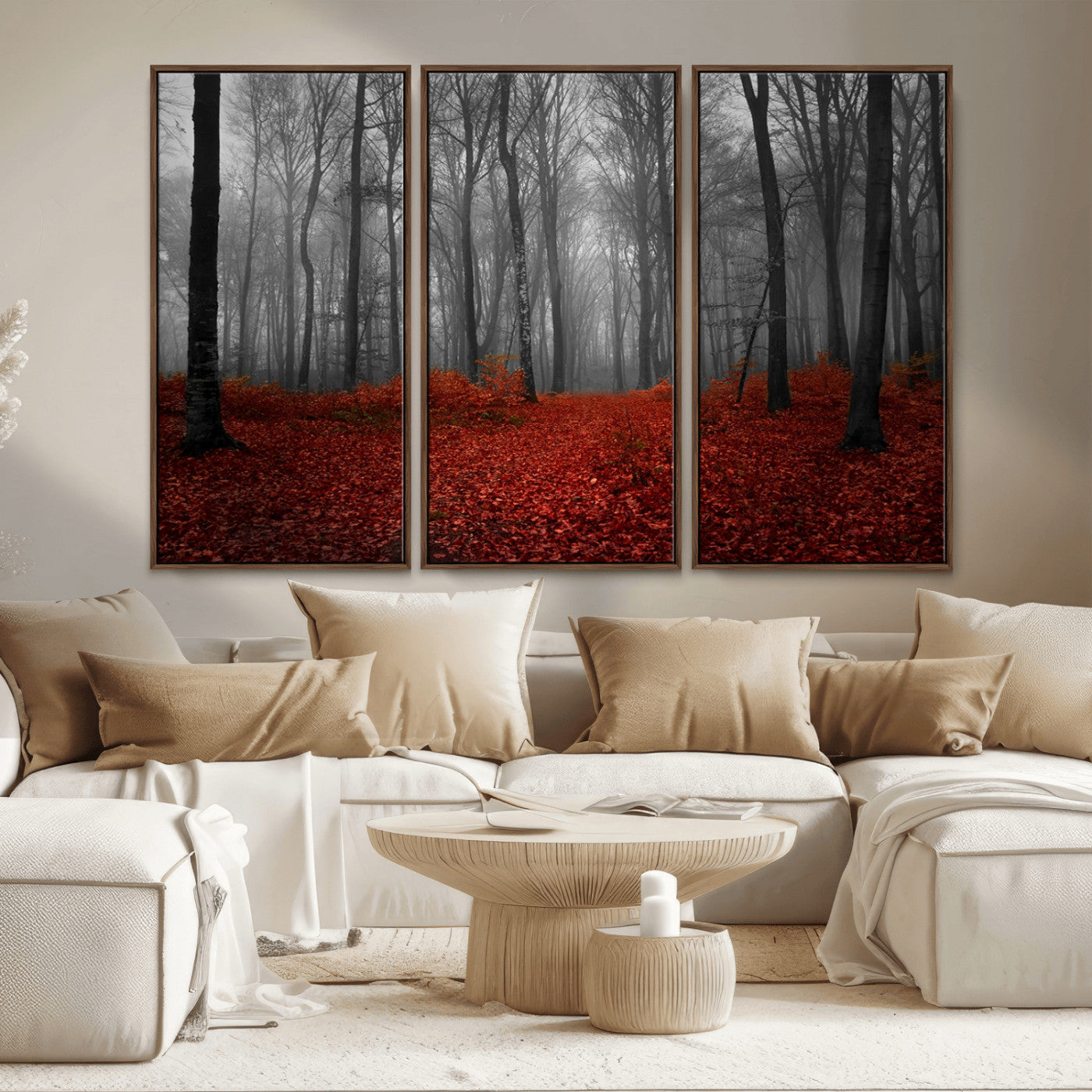 MGV-FC-48X32-3P - Red Forest Floor Canvas Wall Art – Mystical Foggy Woodland Triptych – Nature-Inspired Decor for