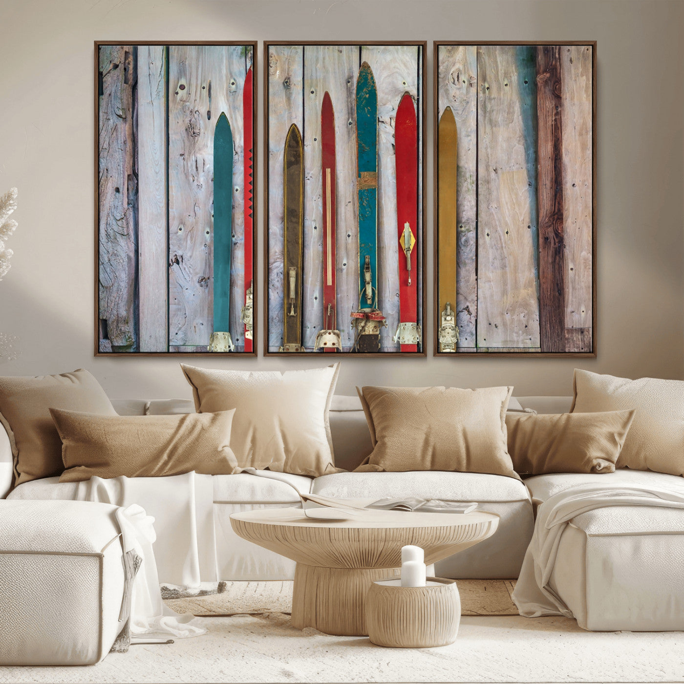 MGV-FC-48X32-3P - Vintage Wooden Weathered Ski's in Front of an Old Barn Wall Art Canvas Print for Farmhouse, Cabin