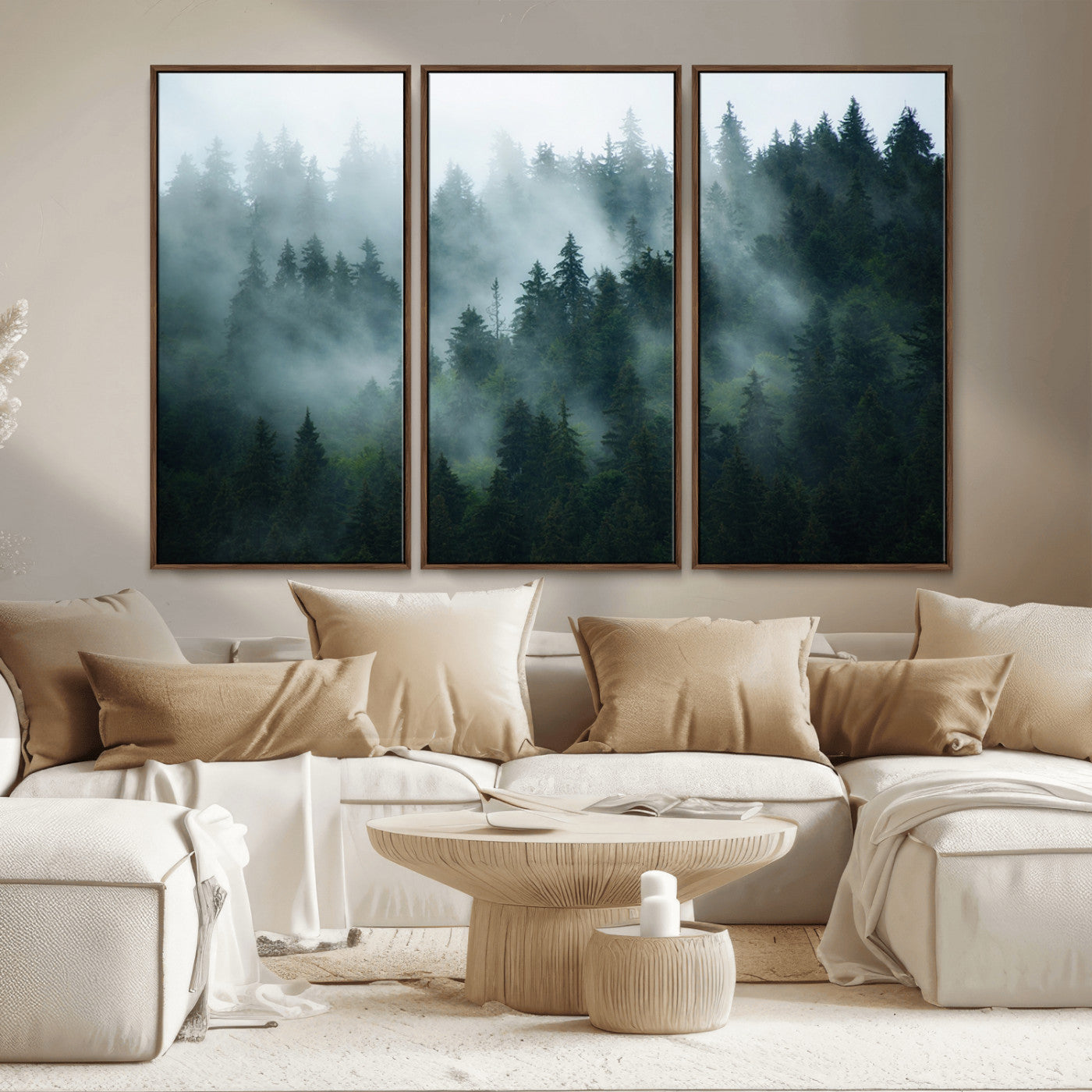 MGV-FC-48X32-3P - Foggy Forest 3-Panel Canvas Wall Art | Large Giclée Nature Scene Print for Living Room, Office, or