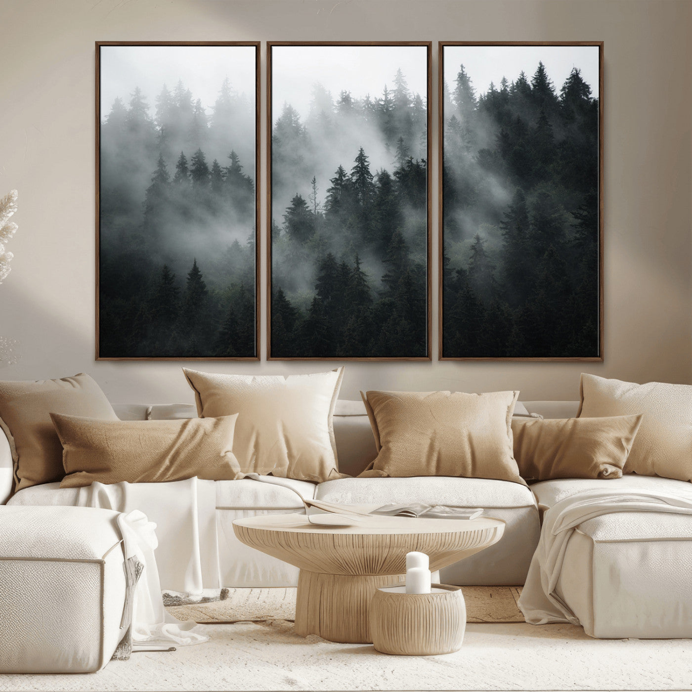 MGV-FC-48X32-3P - Foggy Forest Wall Art Canvas Print | 3 Panel Large Misty Landscape for Dining Room, Office, or