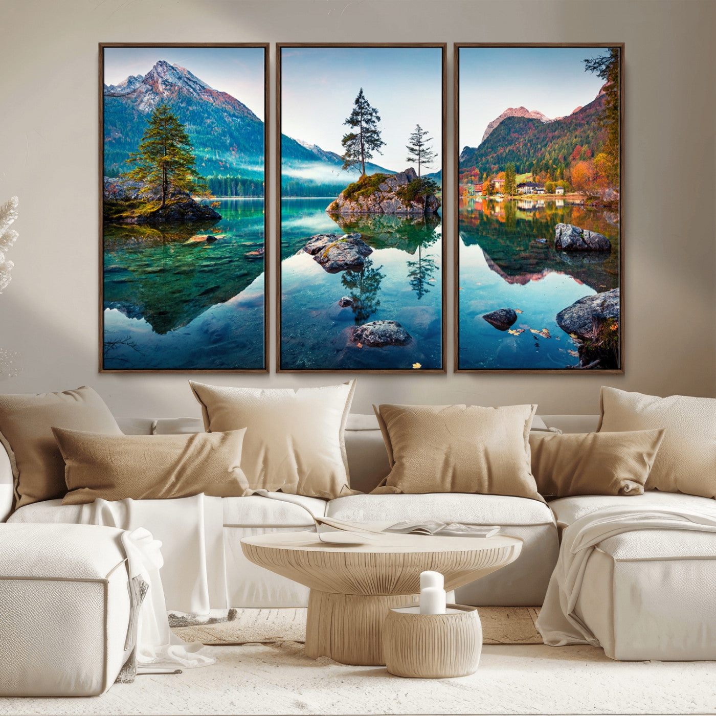 55009-MGV-FC-48X32-3P_Walnut-Crystal Clear Lake Wall Art | Mountains Wall Art Canvas | 3 Panel Large Landscape Print for Dining