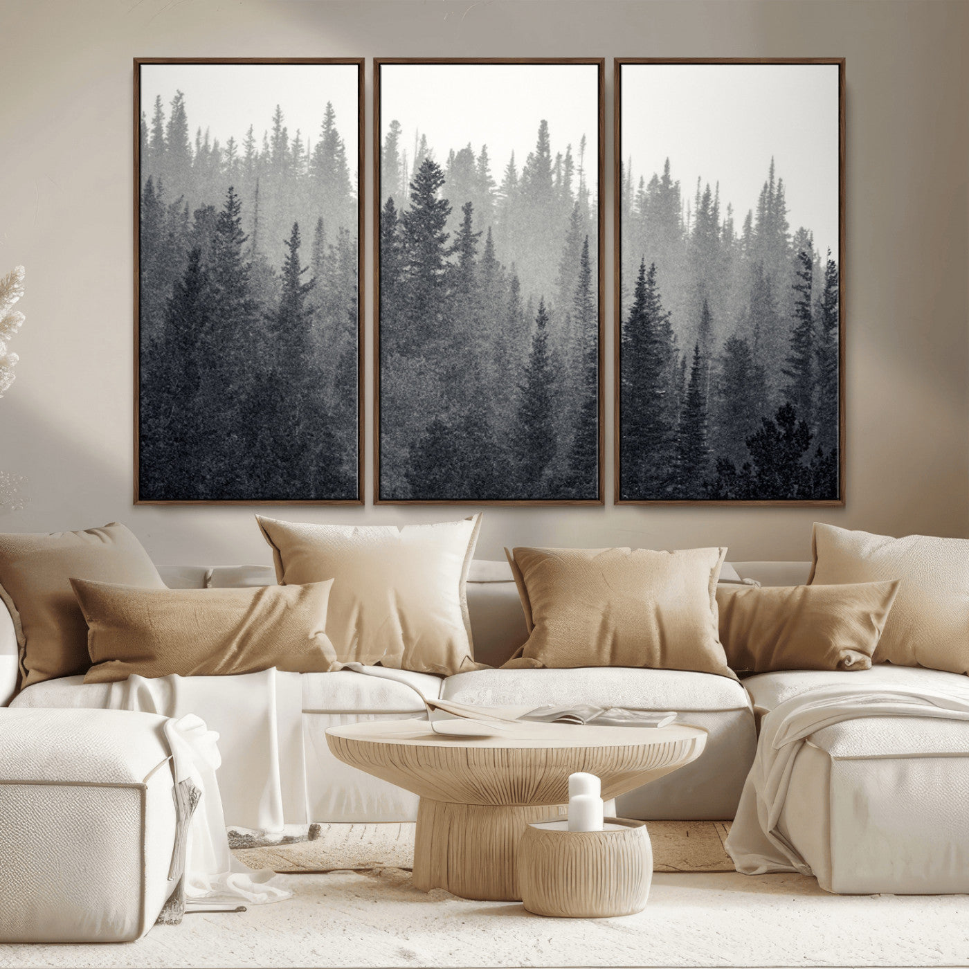 MGV-FC-48X32-3P - Misty Forest Canvas Wall Art – Monochrome Triptych Pine Tree Print – Nature-Inspired Home Decor –