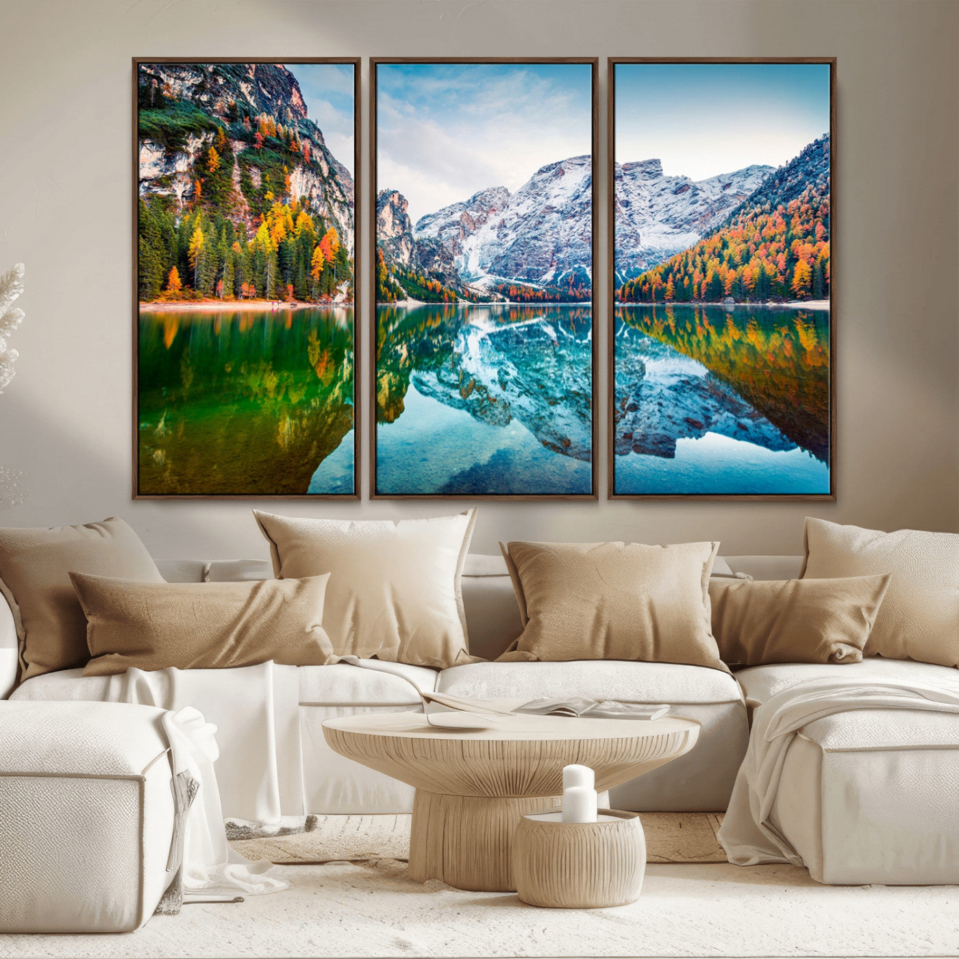 MGV-FC-48X32-3P - Spectacular autumn view of Braies Lake Wall Art Canvas Print