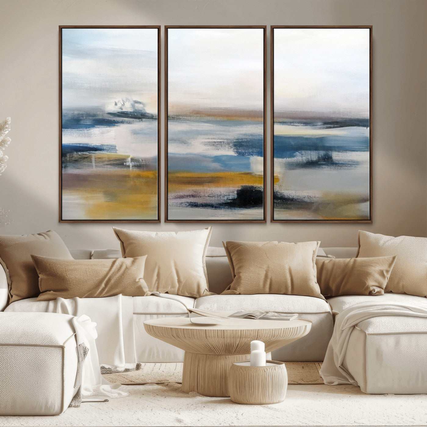 MGV-FC-48X32-3P - Abstract Landscape Wall Art Canvas | 3 Panel Modern Blue, Gold, and White Canvas Art for Living