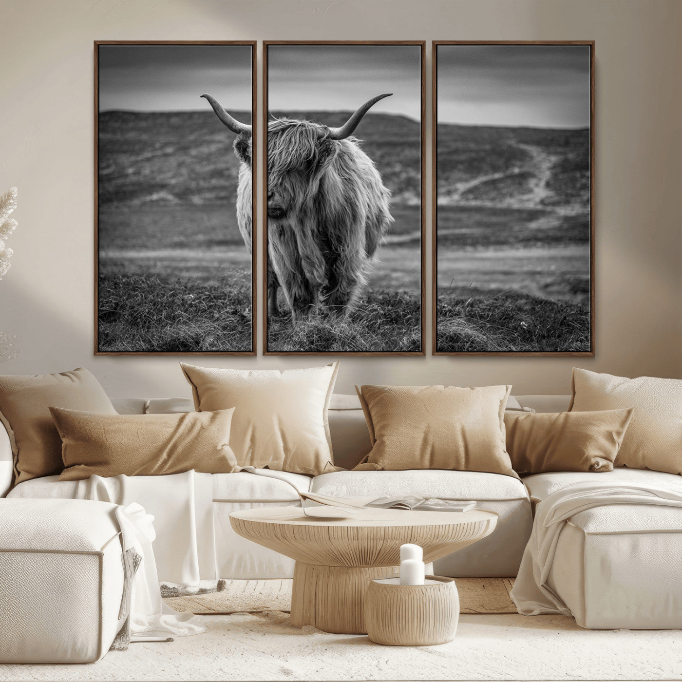 MGV-FC-48X32-3P - Fluffy Cattle Wall Art Print, Highland Cow Canvas, Framed Black and white Wall Art