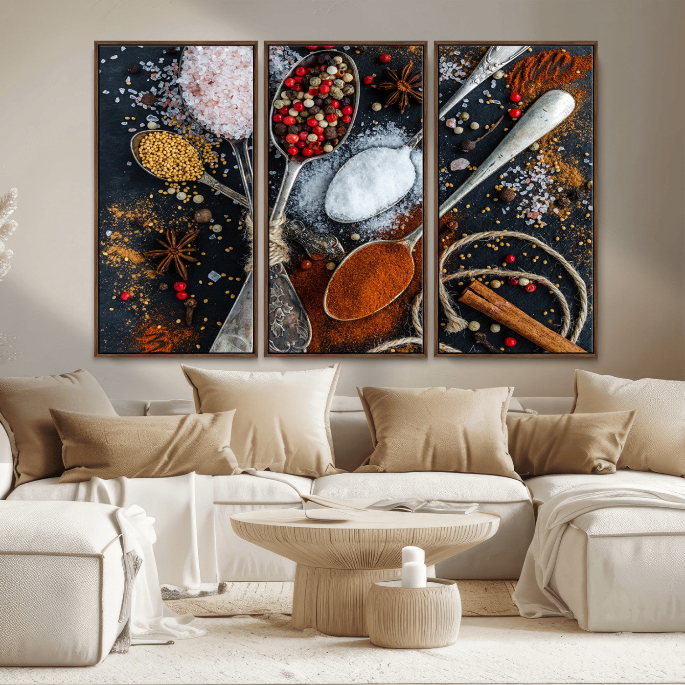 MGV-FC-48X32-3P - Spices and Seasonings Canvas Wall Art – Colorful Triptych Kitchen Decor – Culinary Art for Dining