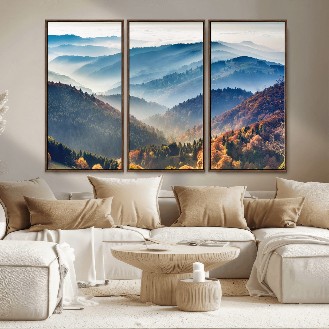 MGV-FC-48X32-3P - Misty Mountain Sunrise Triptych Canvas Print – Autumn Landscape Wall Art – Scenic Nature Decor –