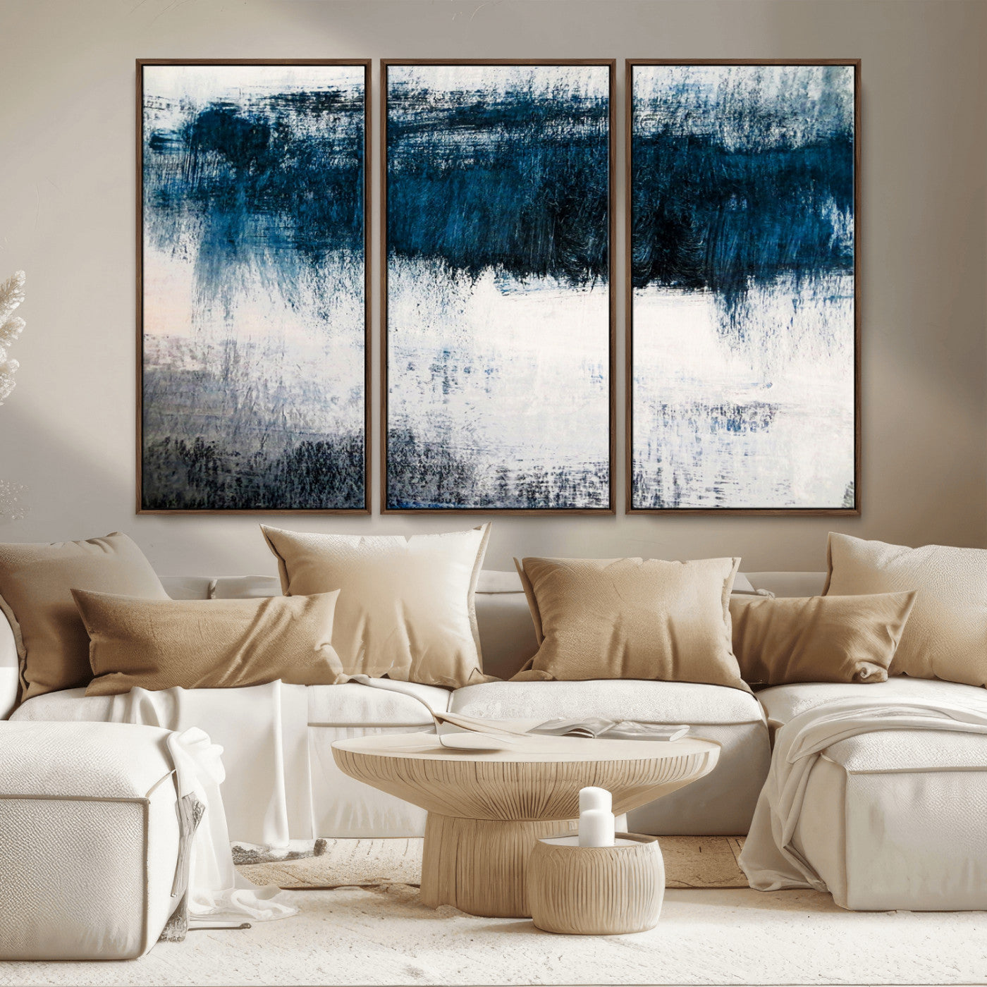 MGV-FC-48X32-3P - Abstract Blue and White Canvas Art | Large Wall Art for Modern Living Room Decor | Minimalist