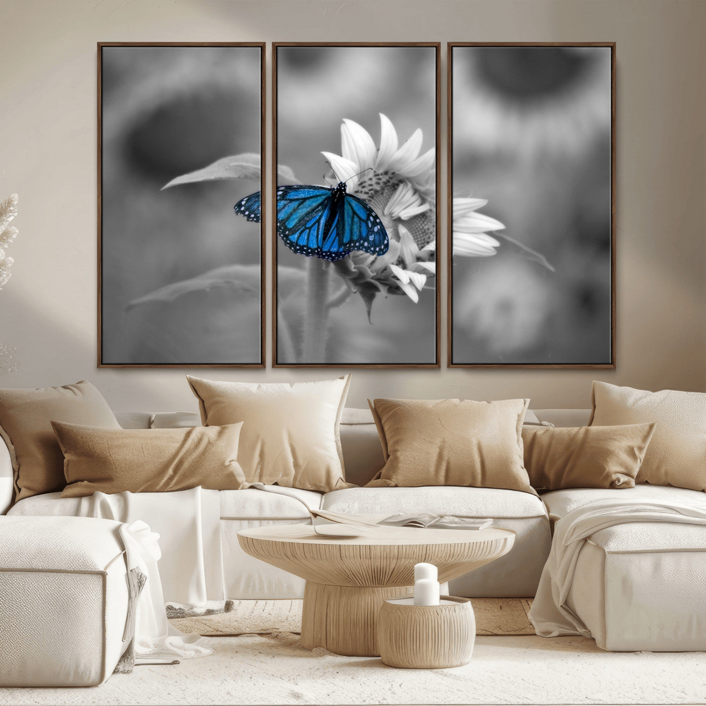 MGV-FC-48X32-3P - Blue Butterfly Black and White Canvas Wall Art