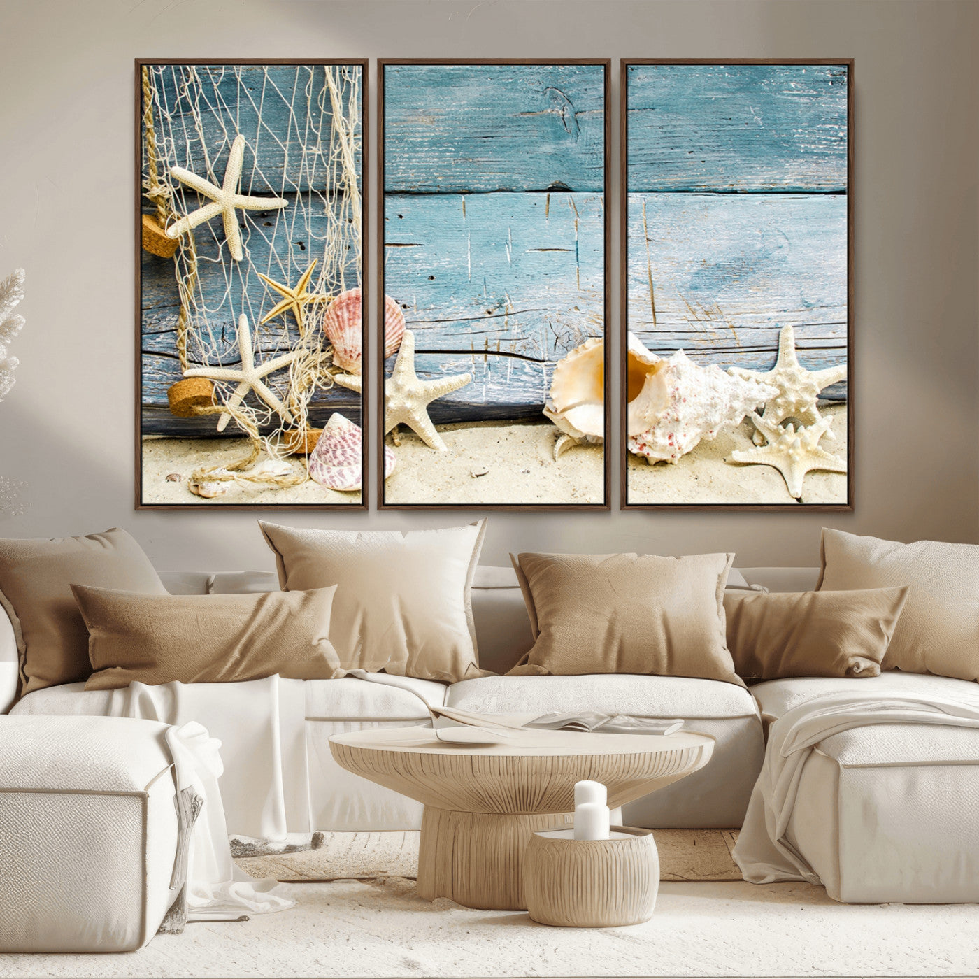 MGV-FC-48X32-3P - Seashells on Rustic Wooden Background, Seashells Wall Art Canvas Print