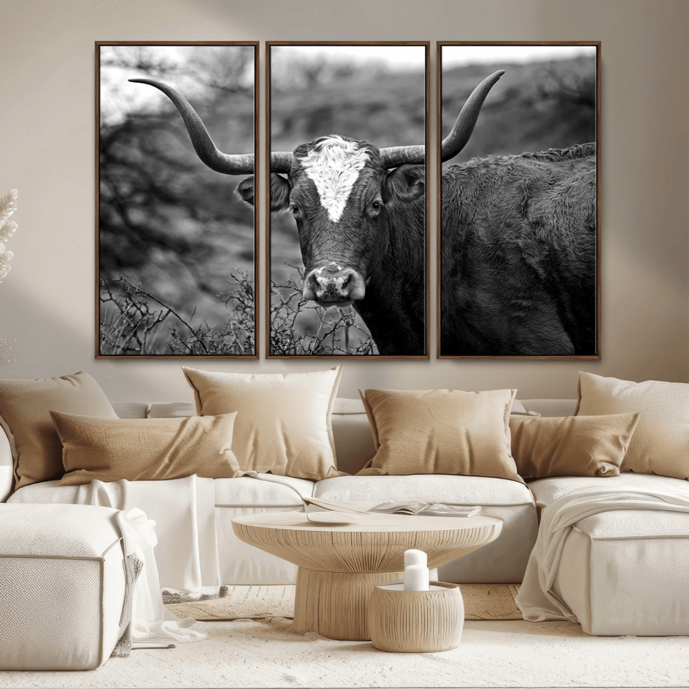 MGV-FC-48X32-3P - Western Home Wall Art Canvas Print, Framed Texas Longhorn Art Picture Print, Rustic Cow Perfect Rustic Farmhouse Decor Artwork