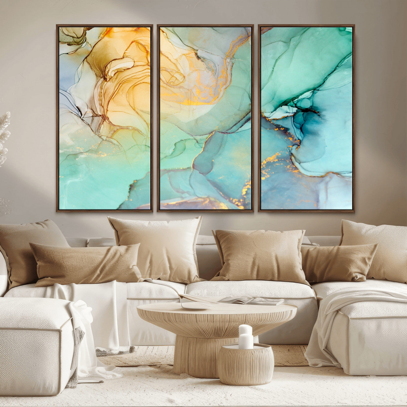 MGV-FC-48X32-3P - Abstract Aqua and Gold Fluid Wall Art Canvas | 3 Panel Large Canvas Print for Living Room, Office,