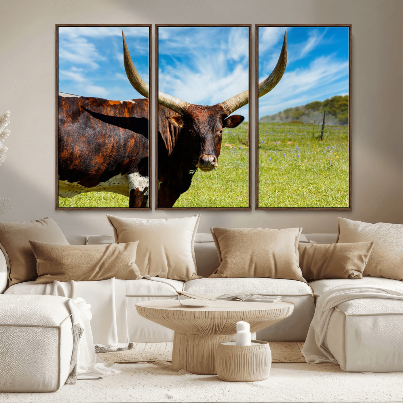 MGV-FC-48X32-3P - Longhorn and Cow Wall Art, Country Cow Wall Decor Canvas Print