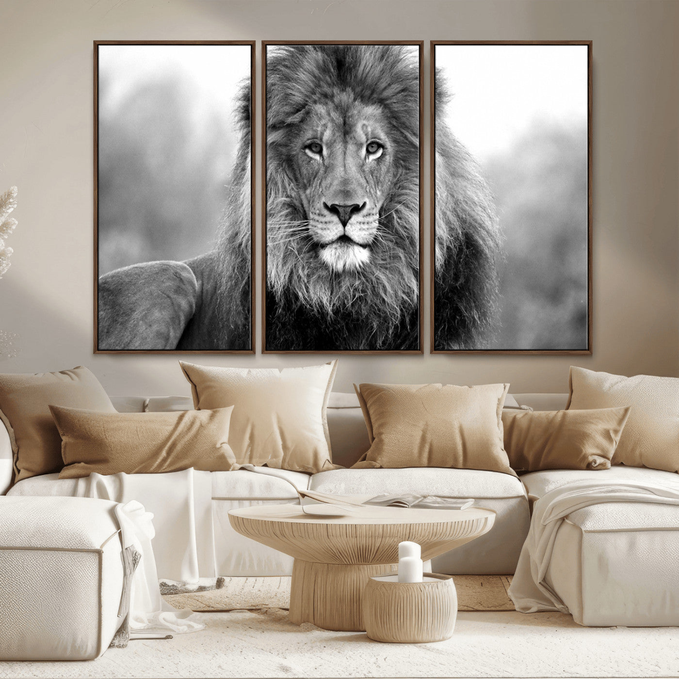 MGV-FC-48X32-3P - Black and White Lion Canvas Wall Art Animal Print