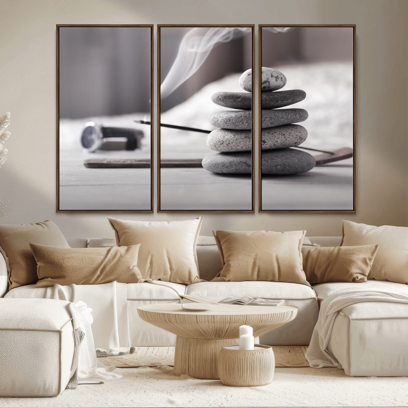MGV-FC-48X32-3P - Burning Incense and Zen Stones Buddhism Wall Art, Zen Stones Wall Art Canvas Print
