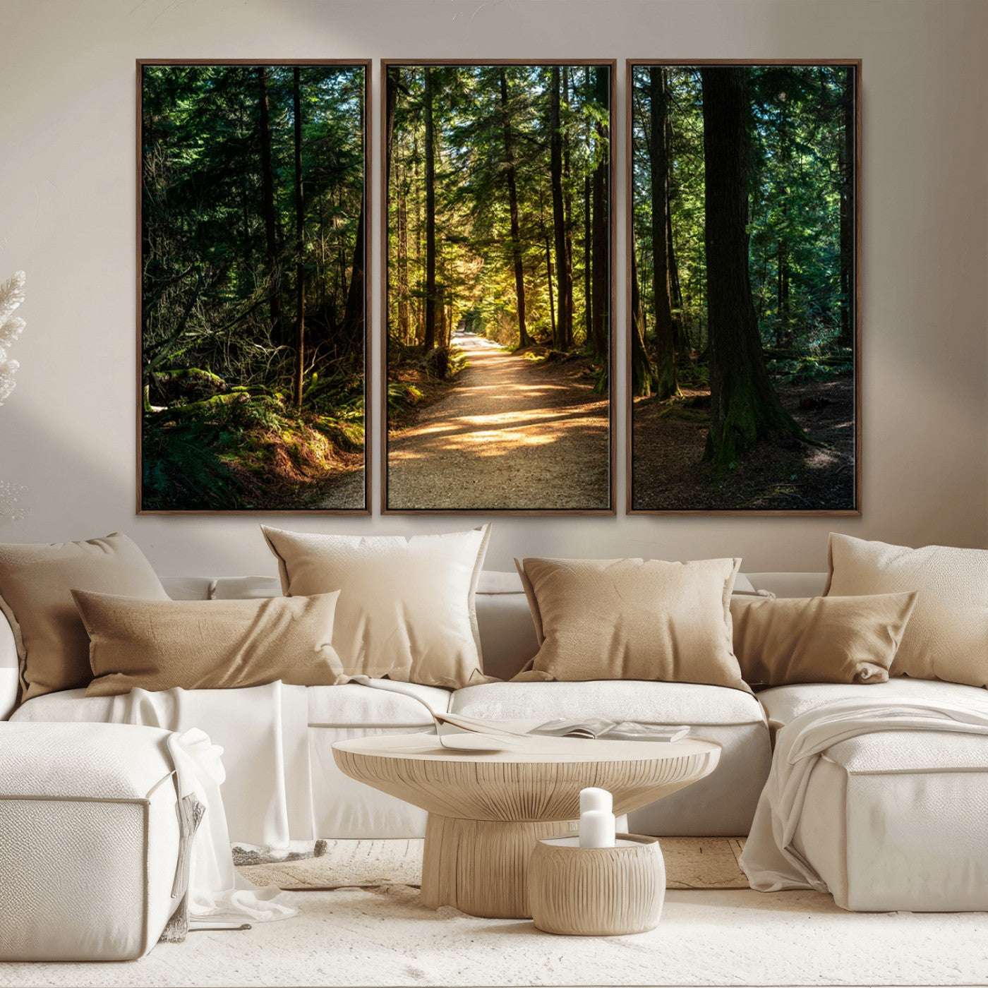 MGV-FC-48X32-3P - Sunlit Forest Pathway Canvas Print | 3 Panel Large Nature Wall Art for Living Room, Office, or