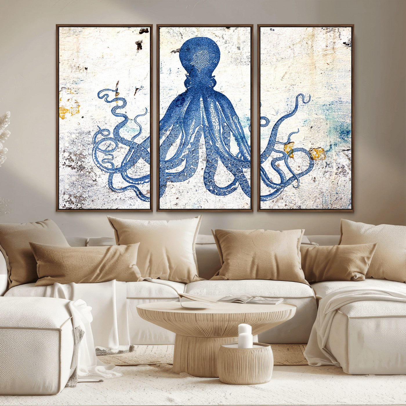 MGV-FC-48X32-3P - Octopus Canvas Wall Art | Coastal Marine Life Artwork for Living Room, Bedroom, or Office |
