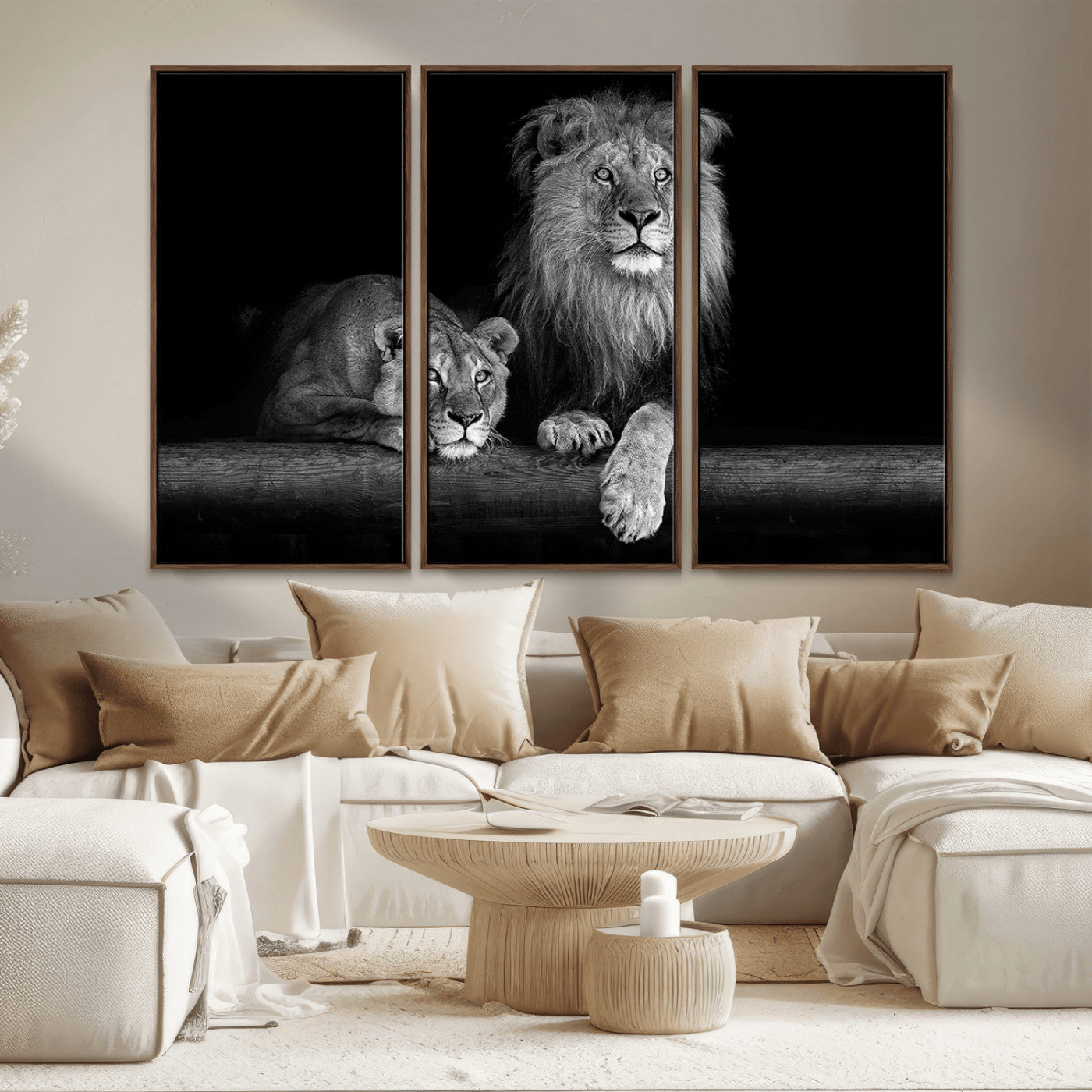 MGV-FC-48X32-3P - Large Black and White Lion Couple Wall Art Canvas Print